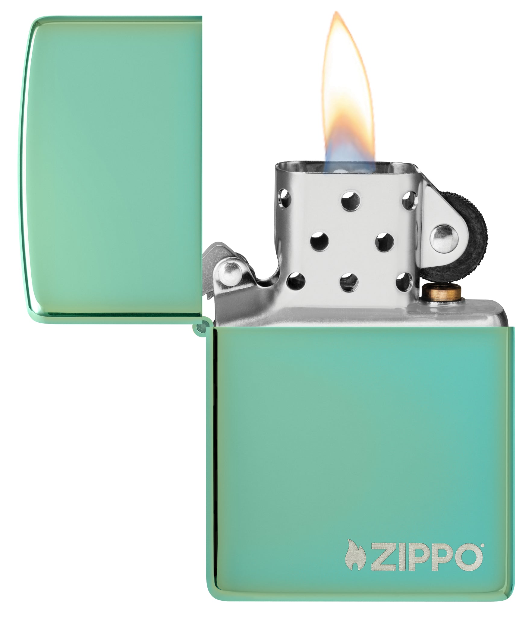 Classic High Polish Green Zippo Logo Windproof Lighter with its lid open and lit.