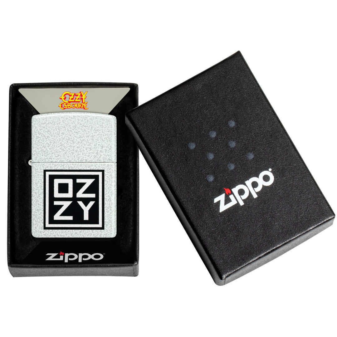 Zippo Ozzy Osbourne Block Design Glacier Windproof Lighter in its packaging.