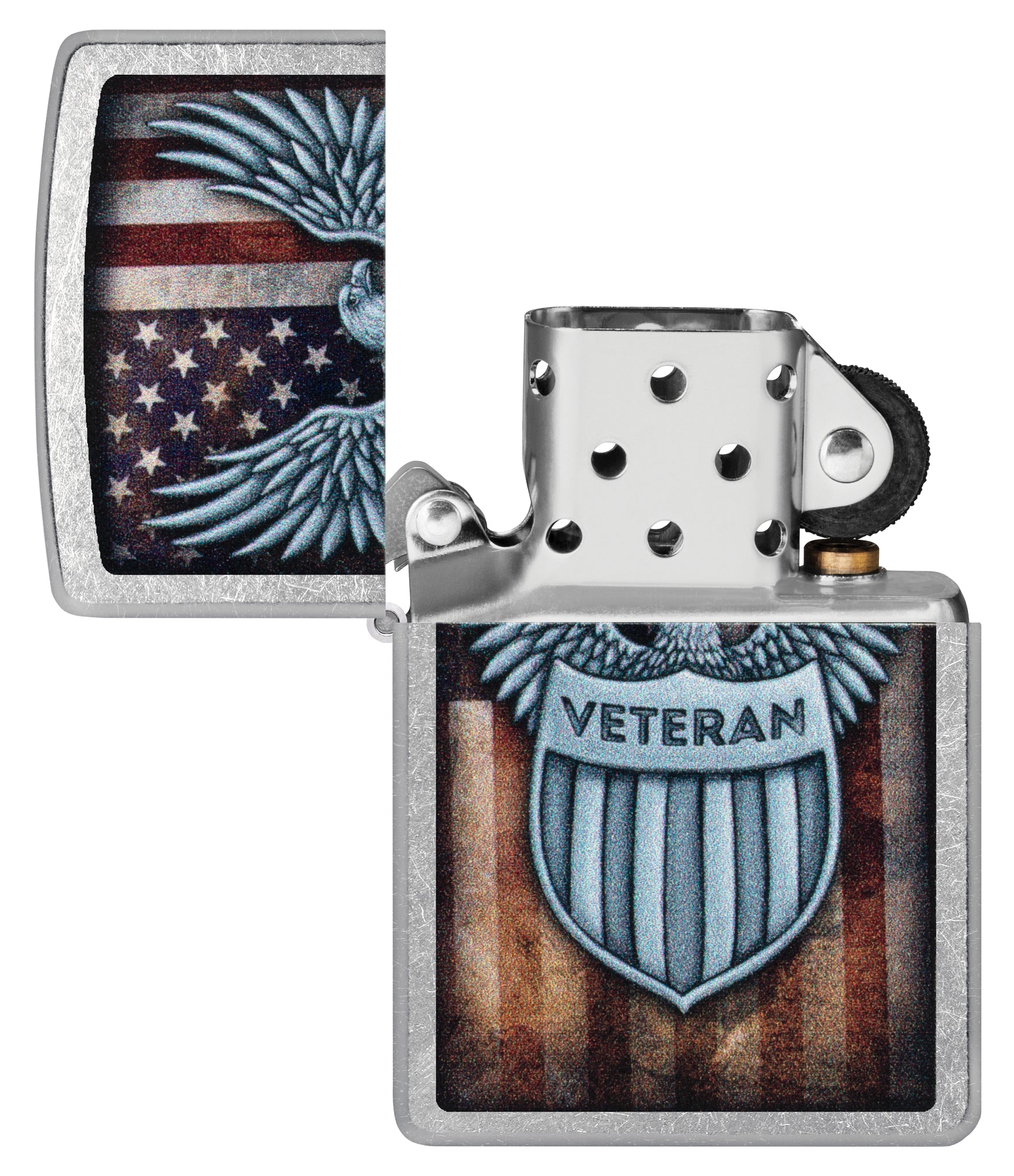 Zippo Veteran Crest Design Street Chrome Windproof Lighter with its lid open and unlit.