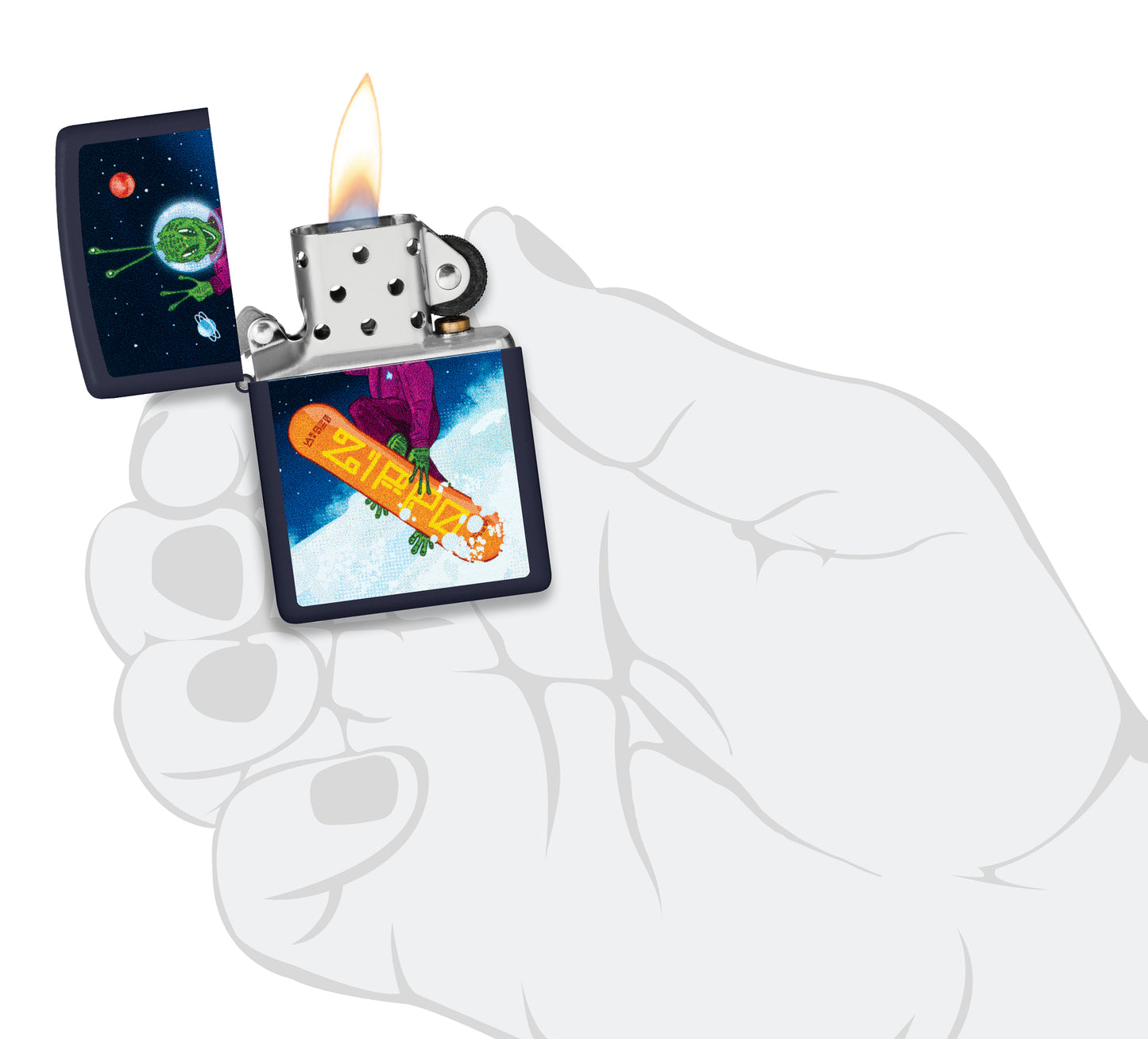 Zippo Space Shredder Design Navy Matte Windproof Lighter lit in hand.