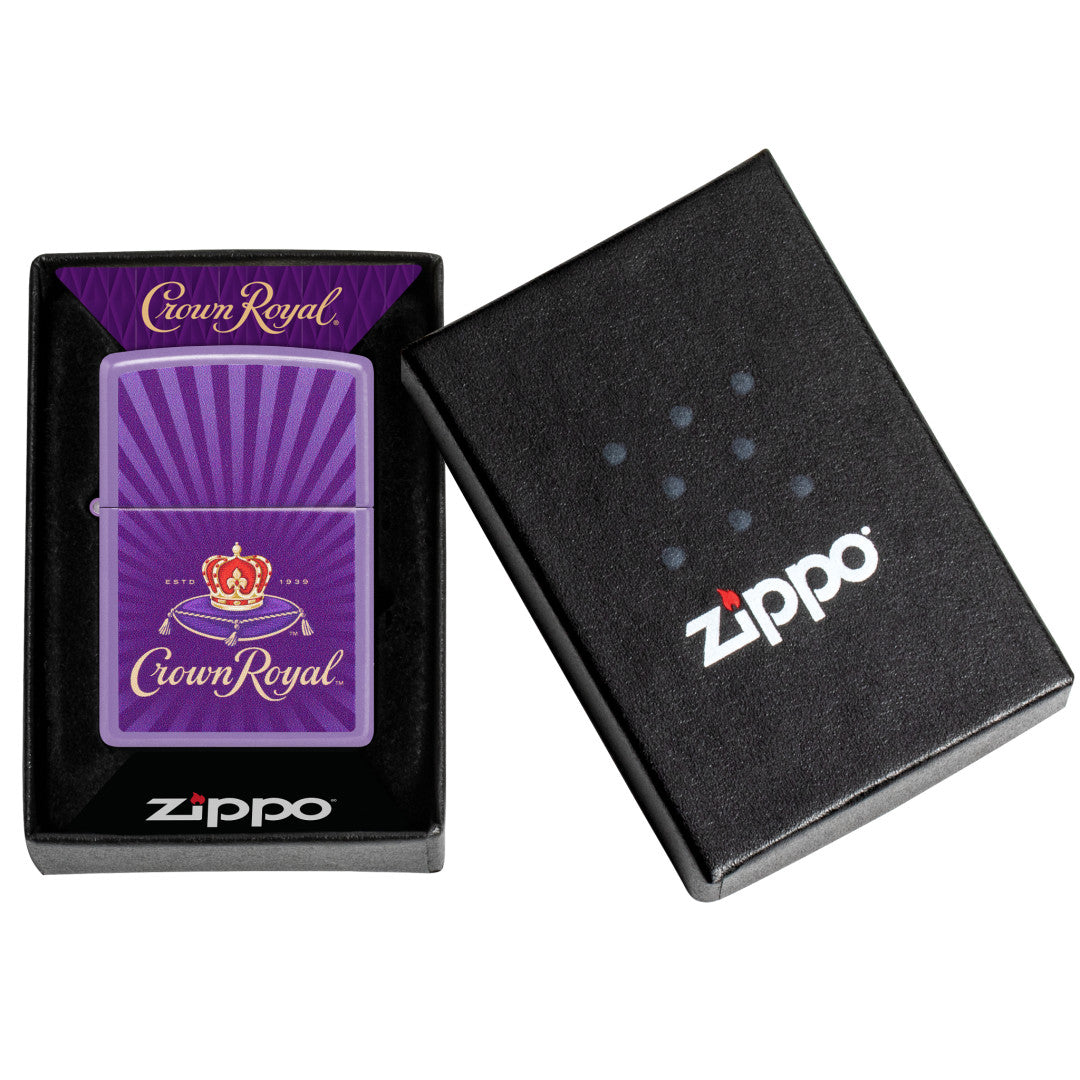 Zippo Crown Royal Rays Design Smoky Lavender Windproof Lighter in its packaging.