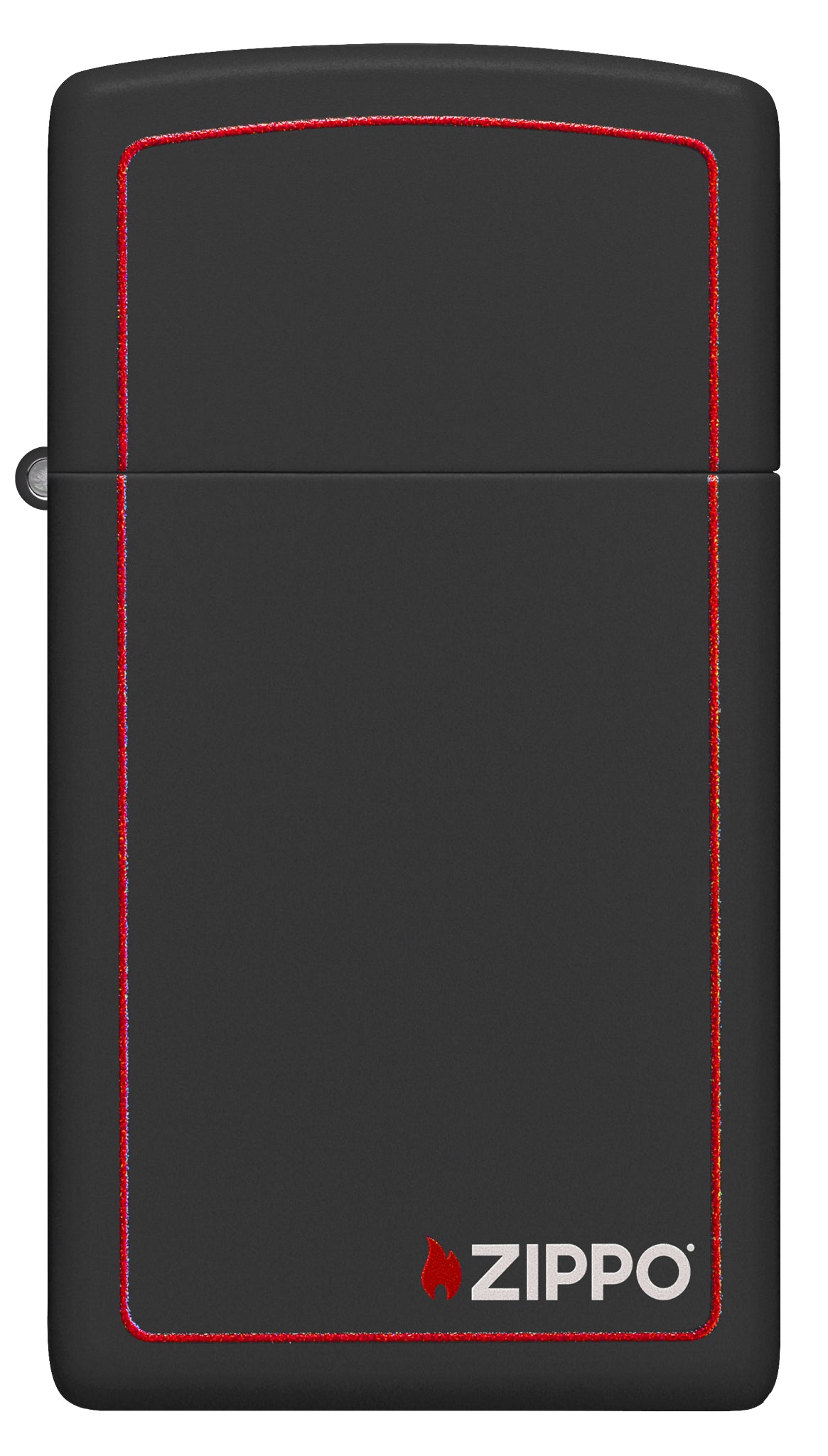 Front view of Slim® Black Matte with Red Border Zippo Logo Windproof Lighter.