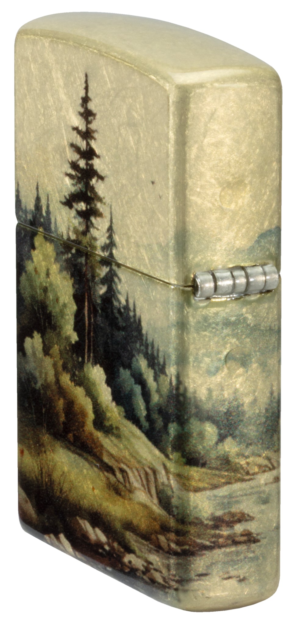 Angled shot of Zippo Watercolor Wilderness Design 540 Tumbled Brass Windproof Lighter showing the back and hinge sides of the lighter.
