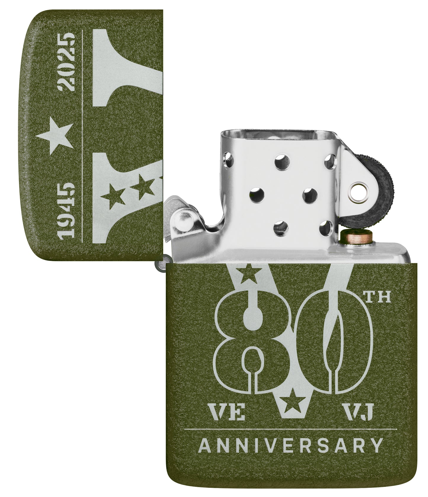 Zippo VE/VJ 80th Anniversary Collectible Steel Lighter with its lid open and unlit.