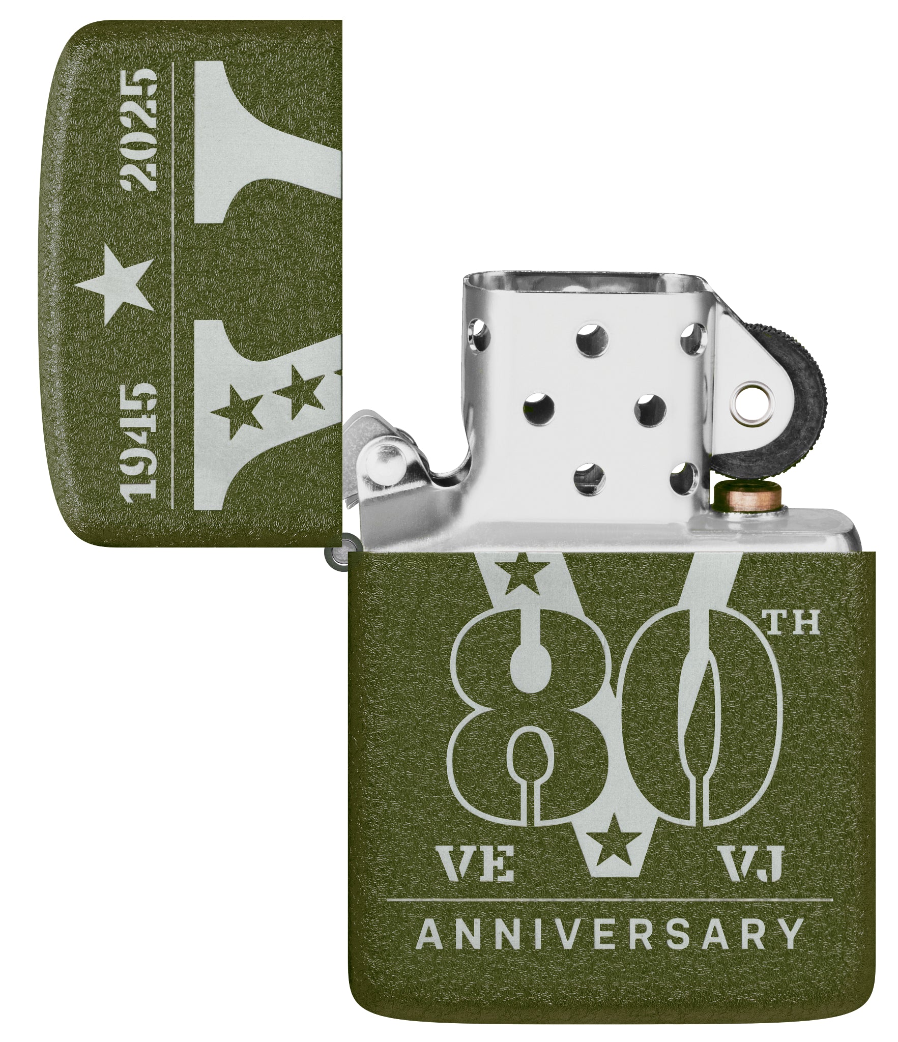 Zippo VE/VJ 80th Anniversary Collectible Steel Lighter with its lid open and unlit.