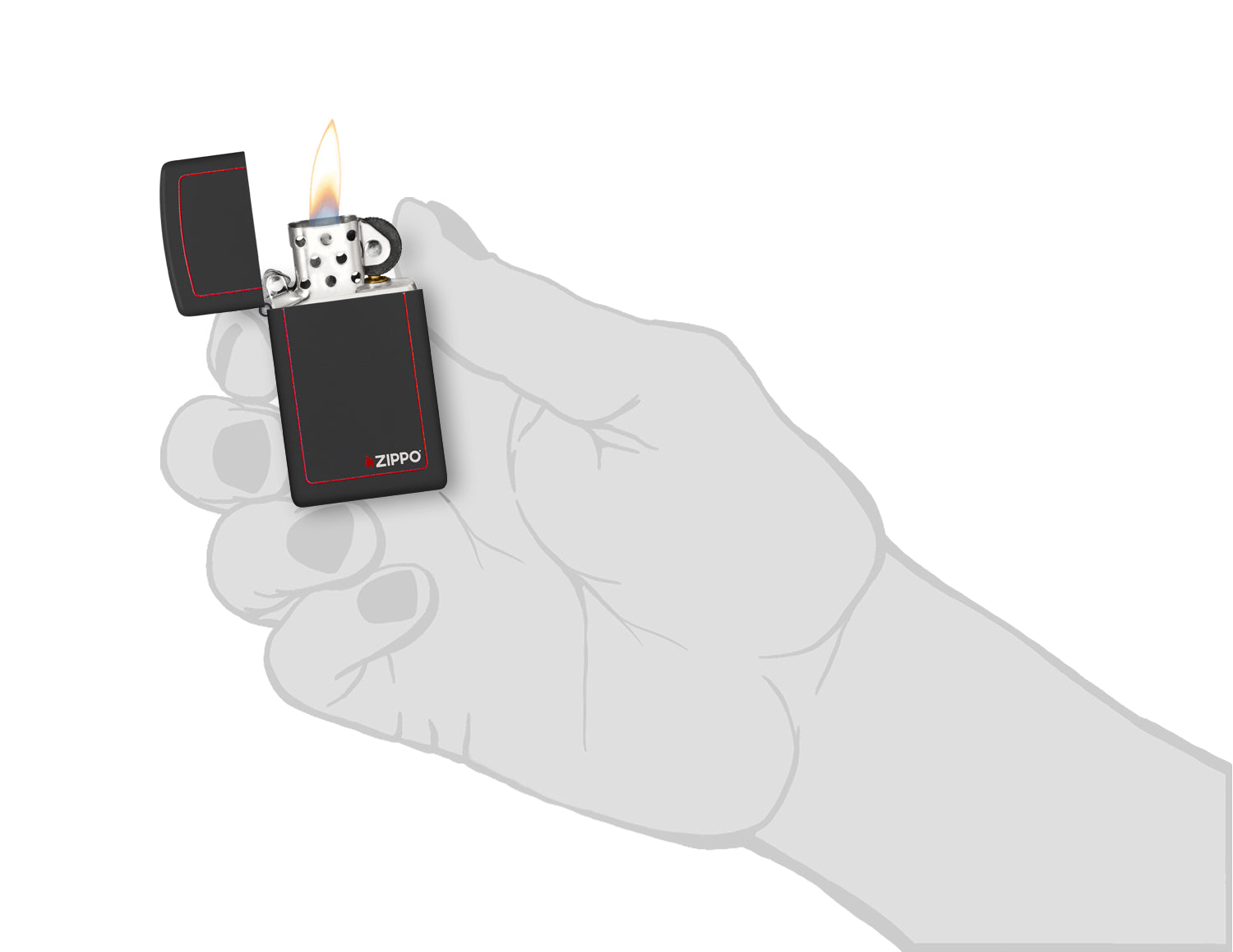 Slim® Black Matte with Red Border Zippo Logo Windproof Lighter lit in hand.