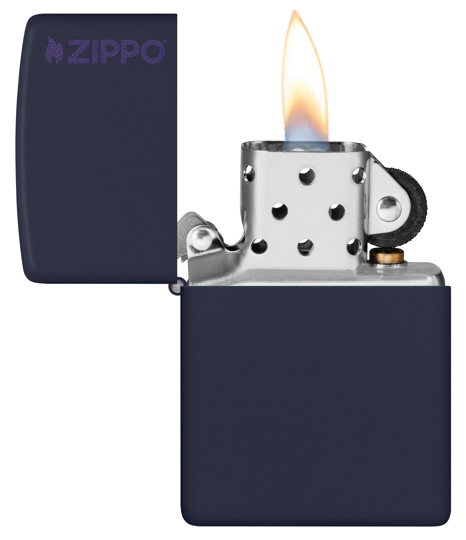 Classic Navy Matte Zippo Logo Windproof Lighter with its lid open and lit.