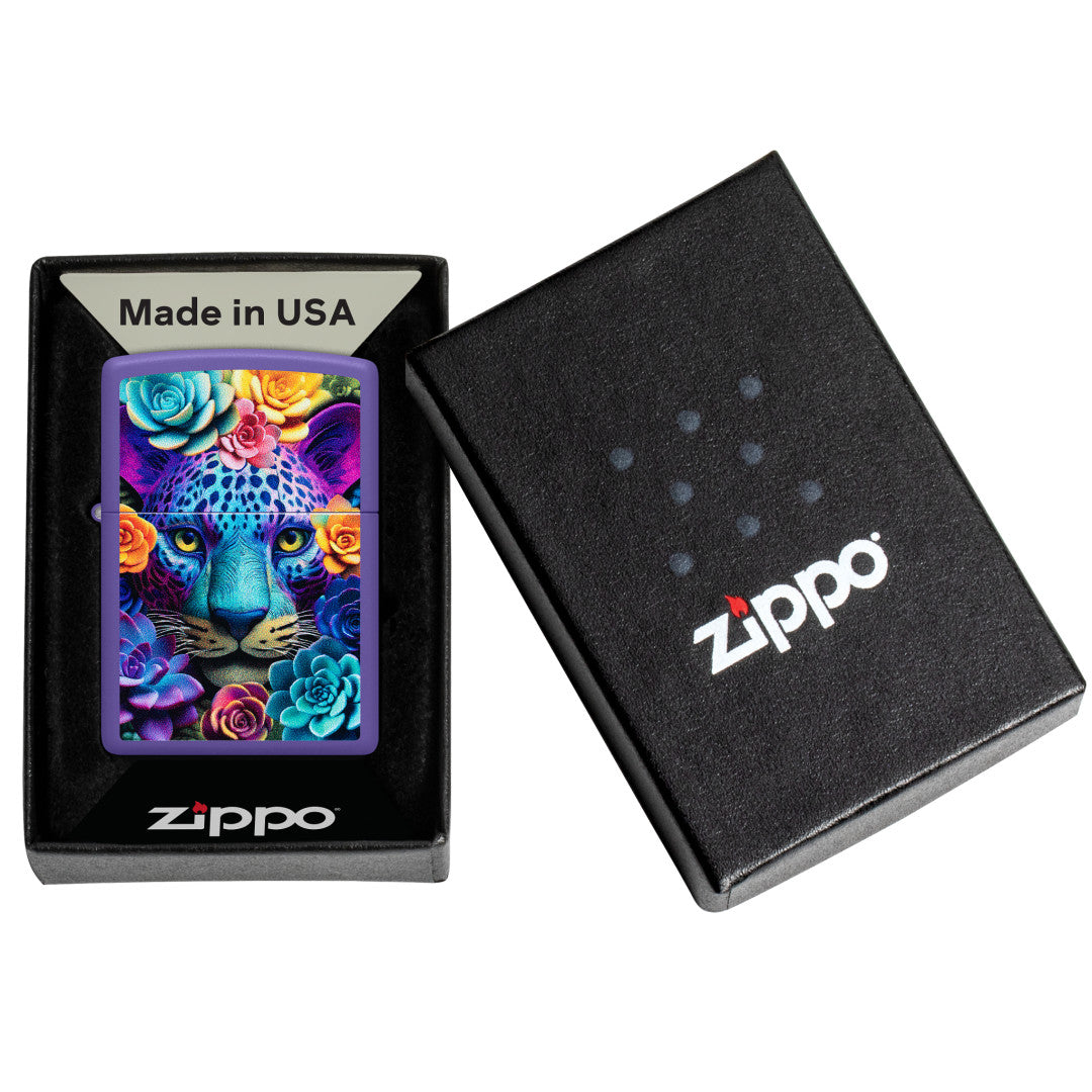 Zippo Groovy Leopard Design Purple Matte Windproof Lighter in its packaging.