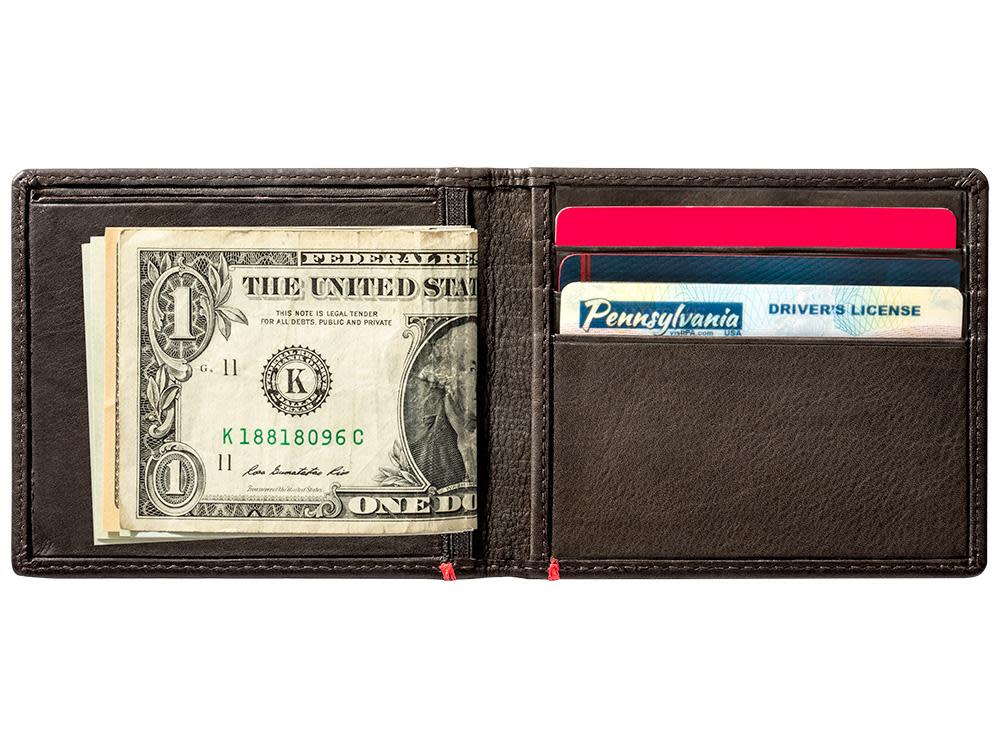 Mocha Leather Wallet With Spade Metal Plate cash strap inside full
