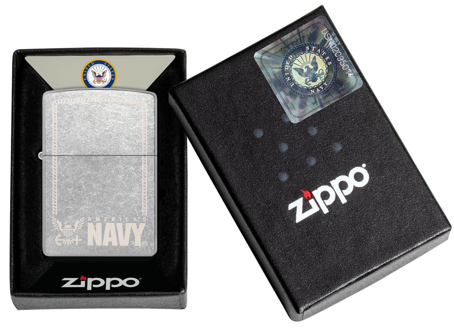 Zippo United States Navy® America's Navy Design Street Chrome Windproof Lighter in its packaging.