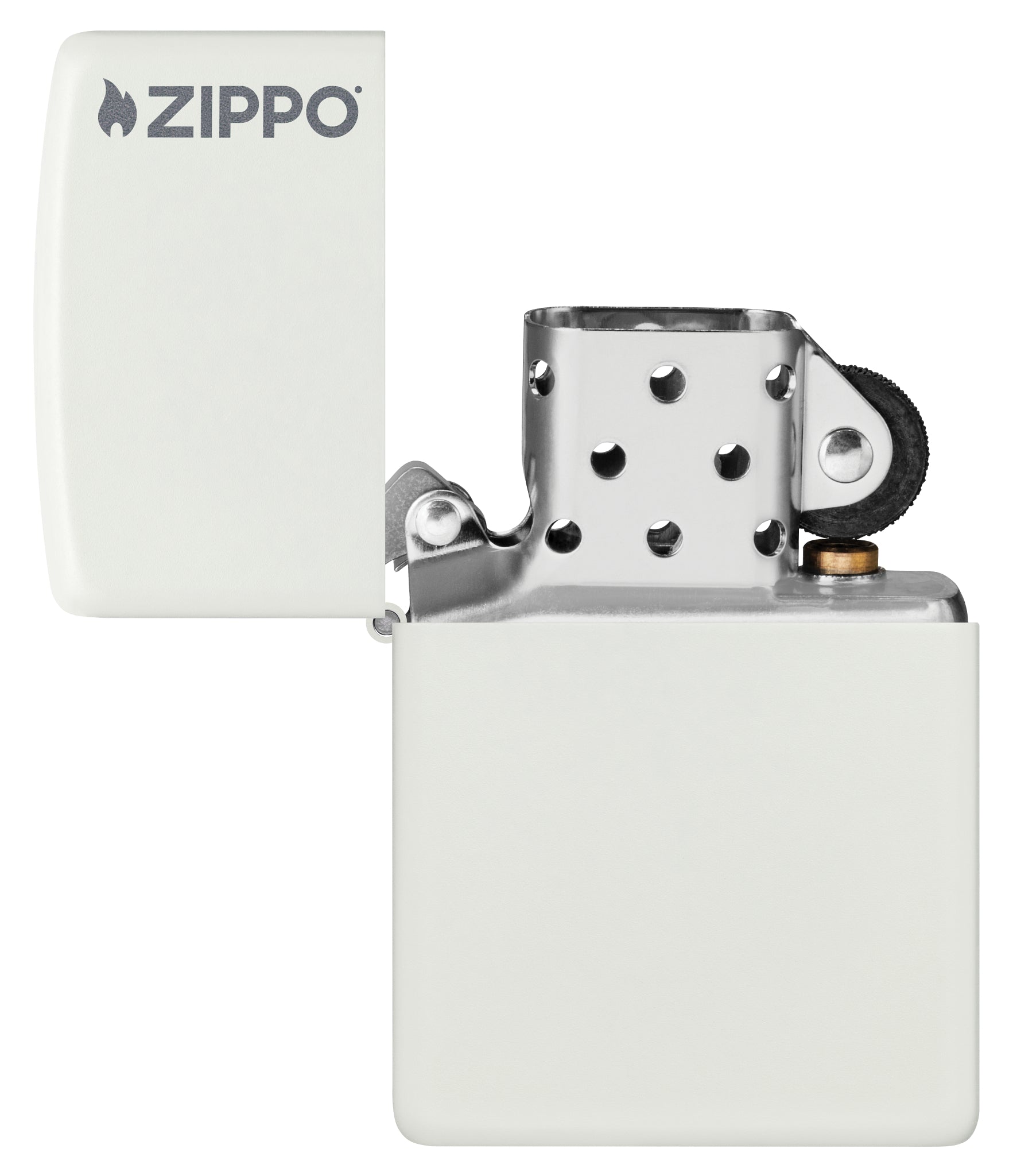 Classic White Matte Zippo Logo Windproof Lighter with its lid open and unlit.