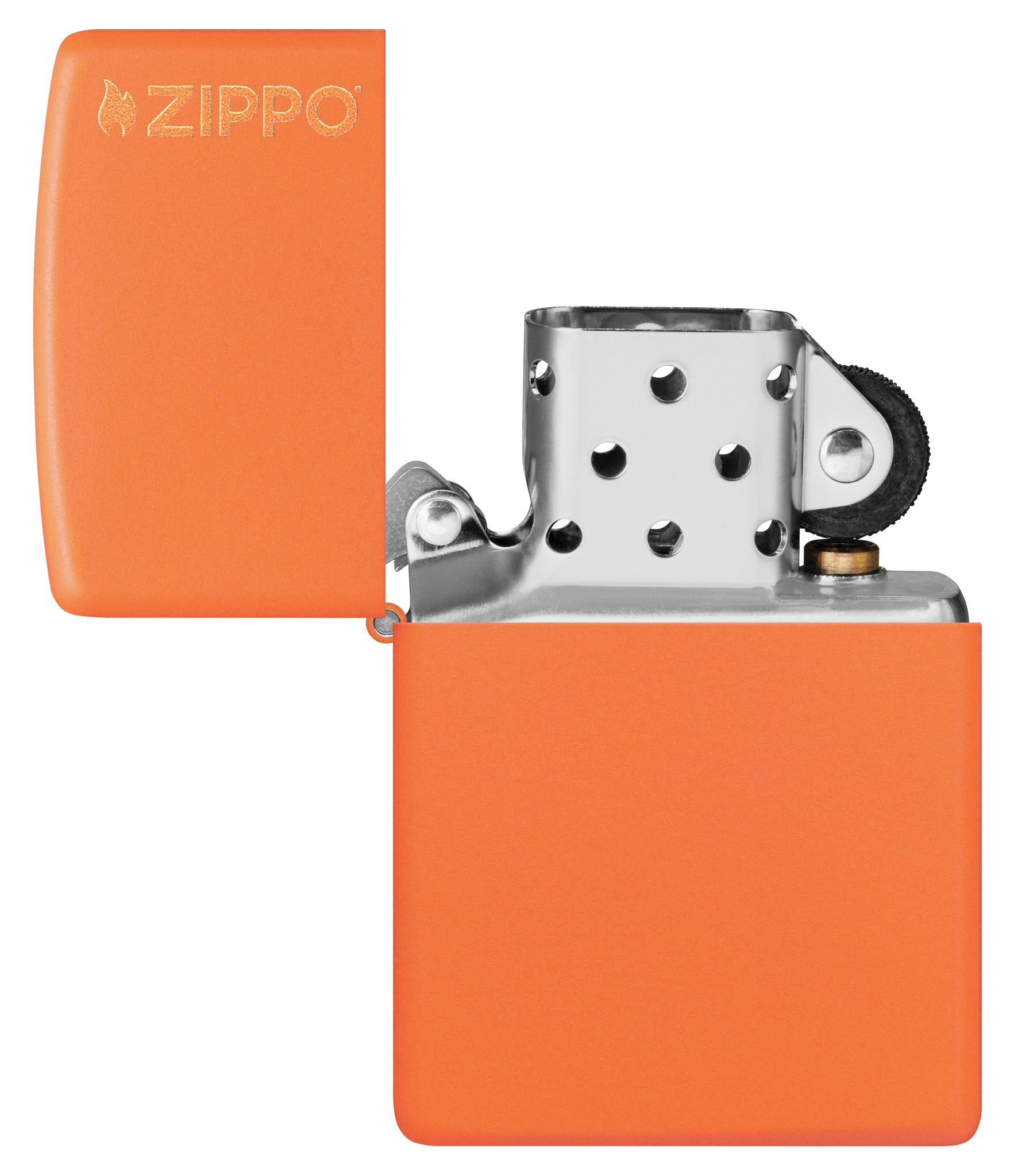 Classic Orange Matte Zippo Logo Windproof Lighter with its lid open and unlit.