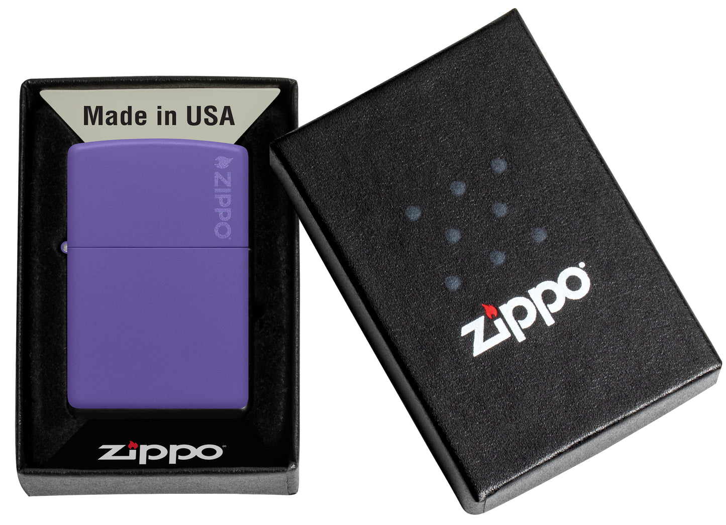 Classic Purple Matte Zippo Logo Windproof Lighter in its packaging.