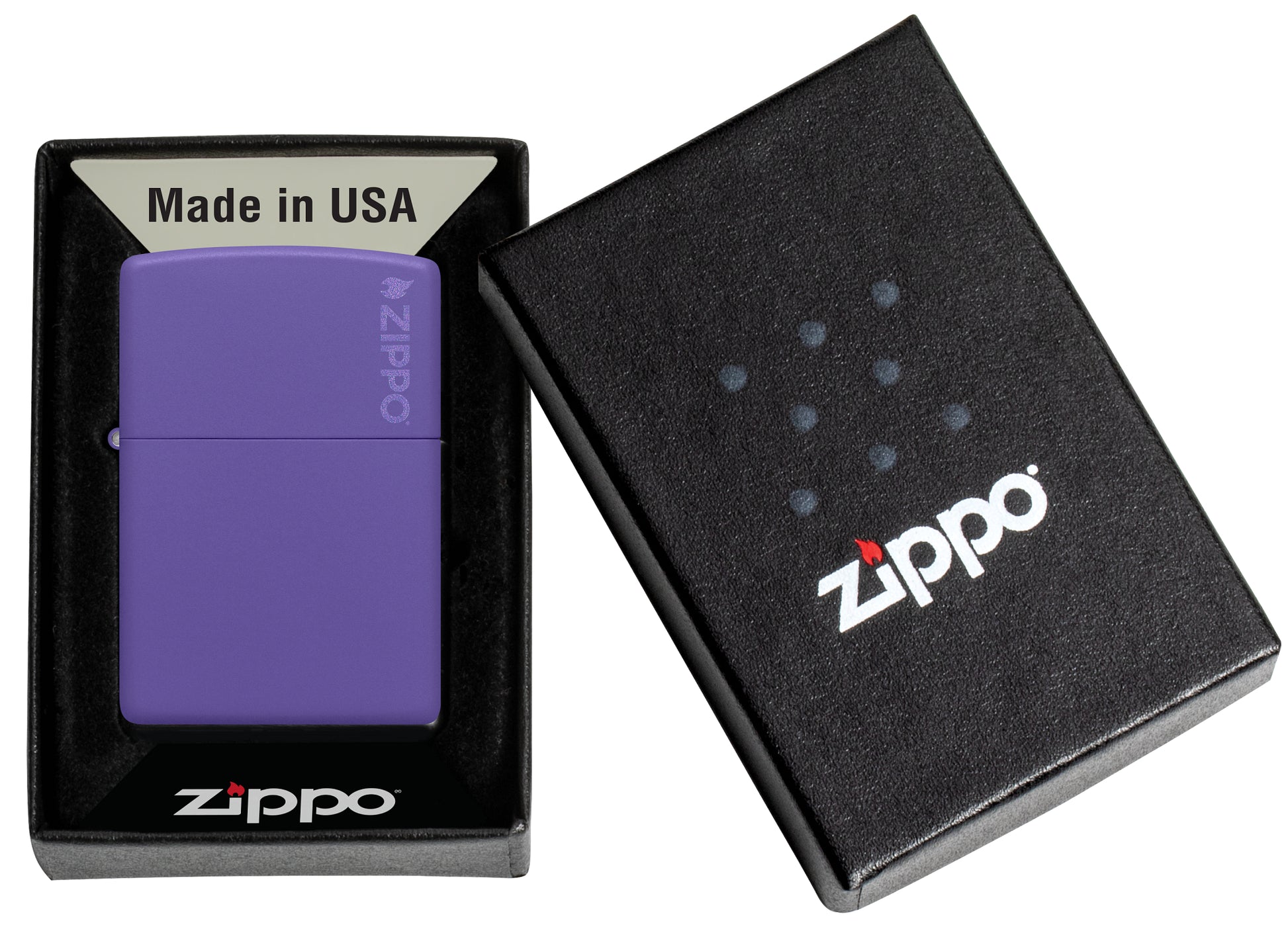 Classic Purple Matte Zippo Logo Windproof Lighter in its packaging.