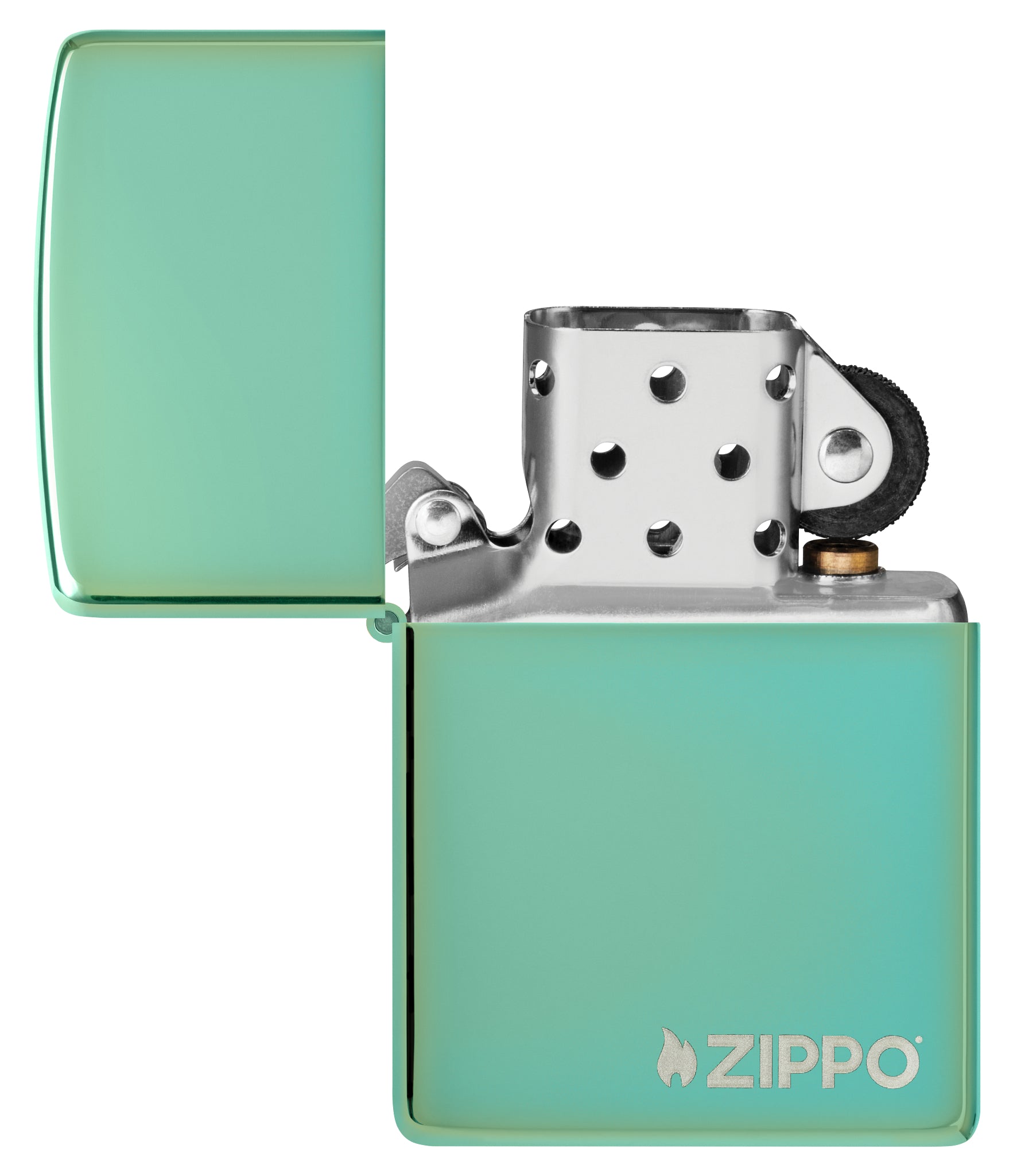 Classic High Polish Green Zippo Logo Windproof Lighter with its lid open and unlit.