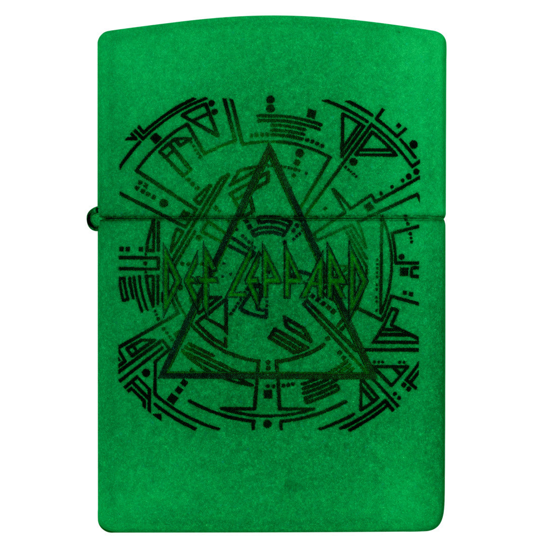 Front view of Zippo Def Leppard Glowing Hysteria Design Glow in the Dark Green Windproof Lighter glowing in the dark.