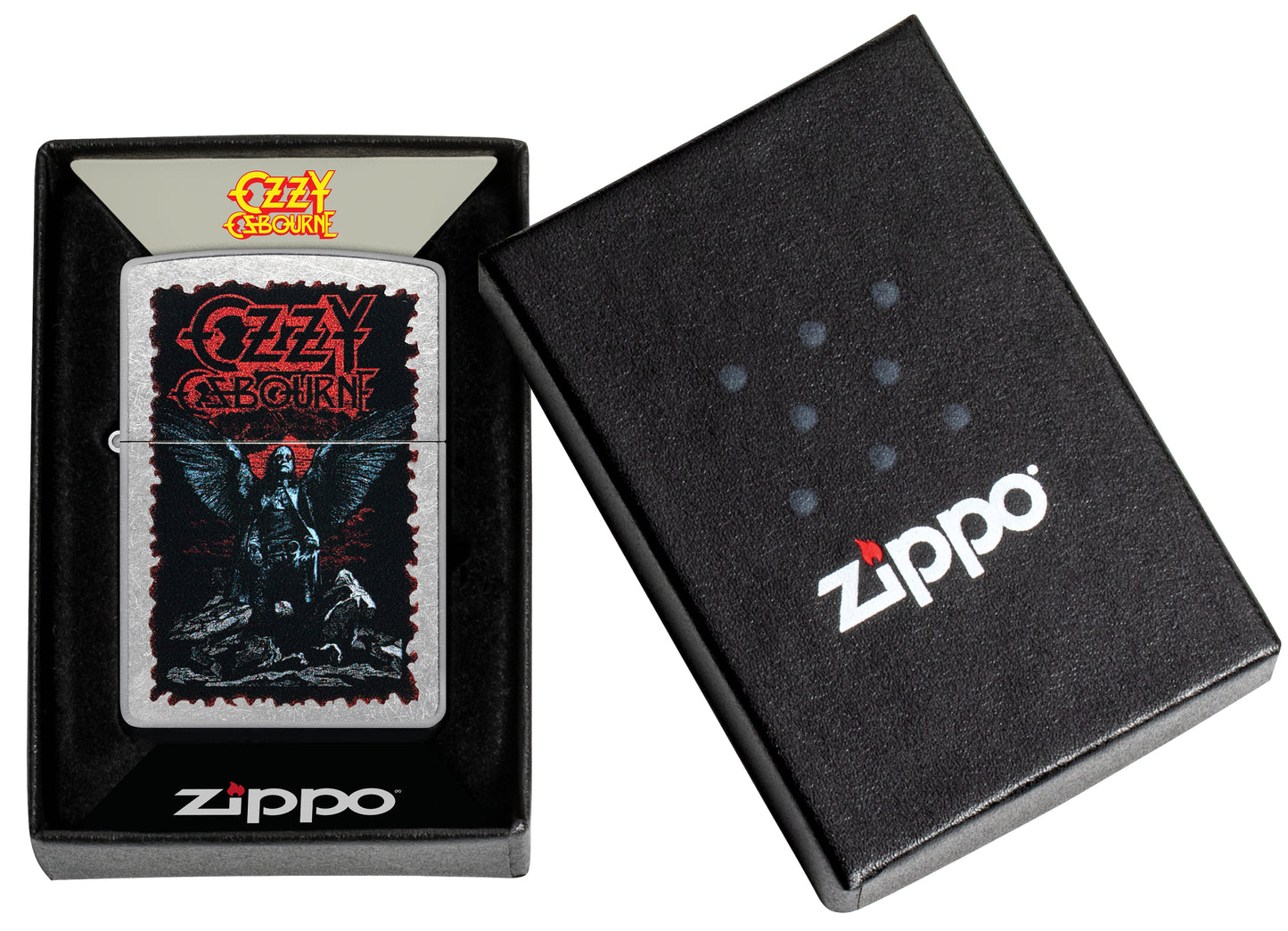 Zippo Ozzy Osbourne Angel Wings Design Street Chrome Windproof Lighter in its packaging.