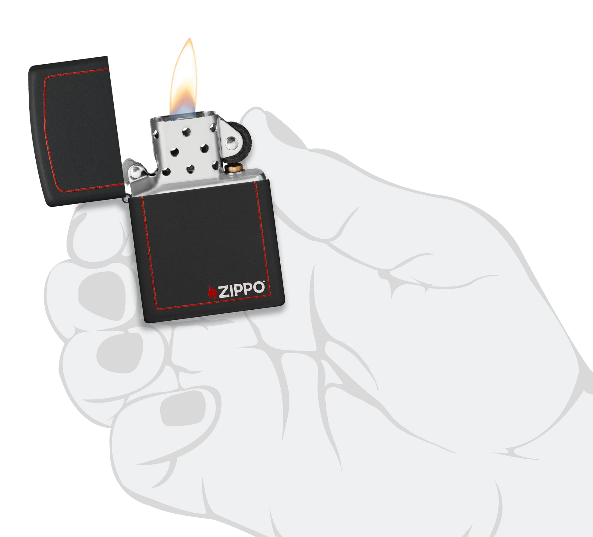 Classic Zippo Logo with Red Border Black Matte Windproof Lighter lit in hand.