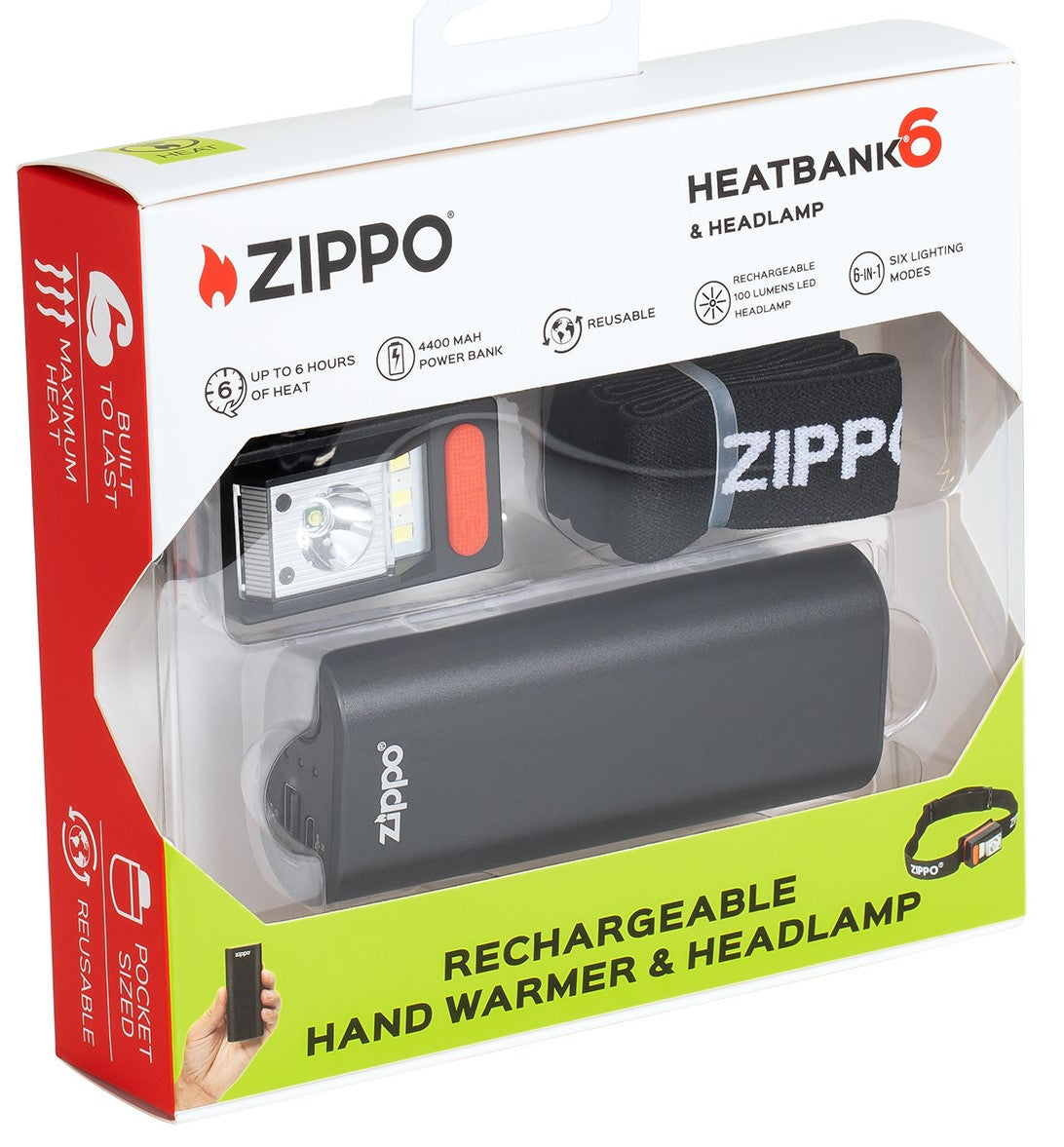 Angled packaging image of Zippo Black HeatBank® 6 Rechargeable Hand Warmer and Headlamp Gift Set.