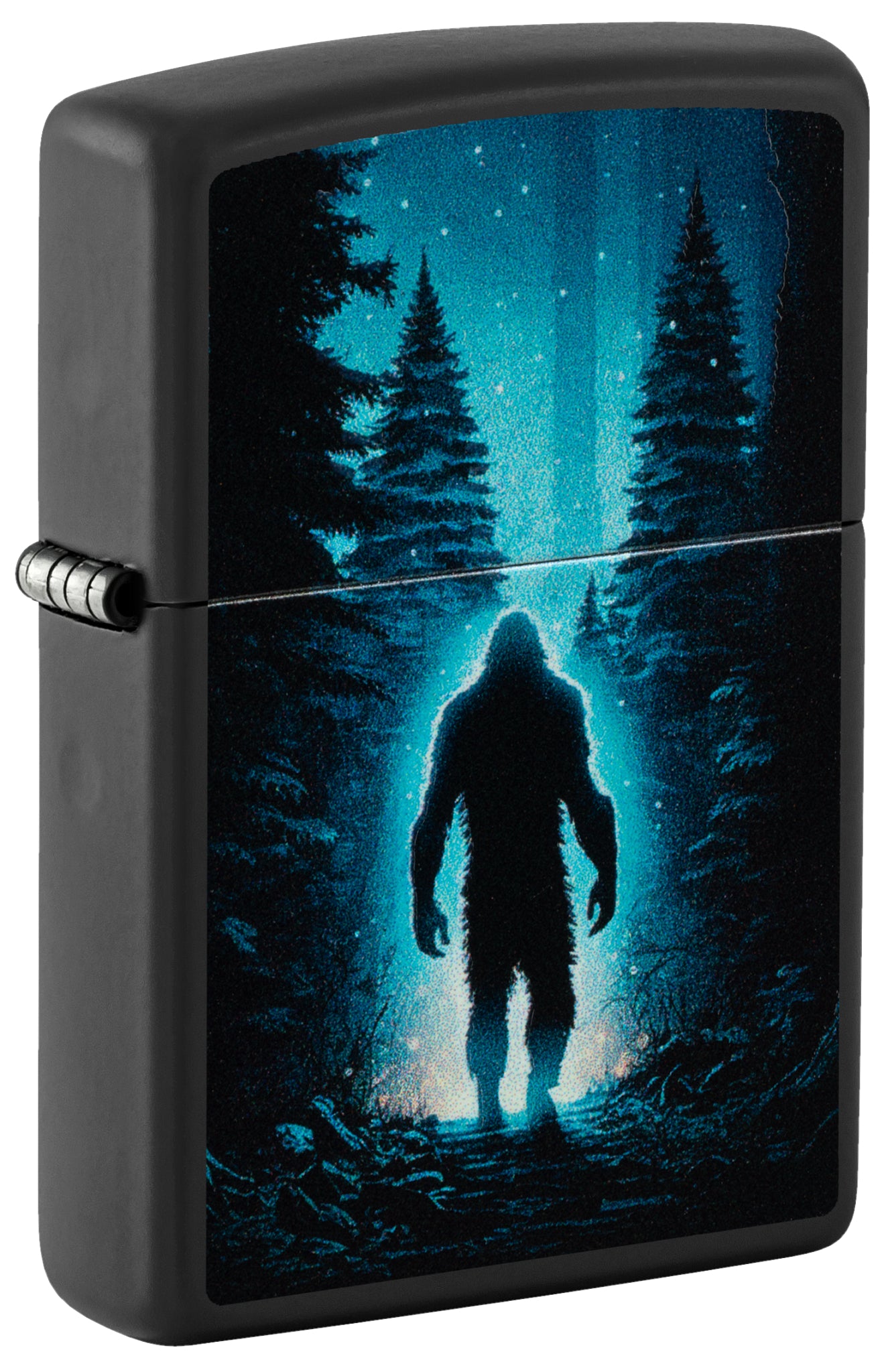 Front shot of Zippo Ultra Squatch Design Black Matte Windproof Lighter standing at a 3/4 angle.