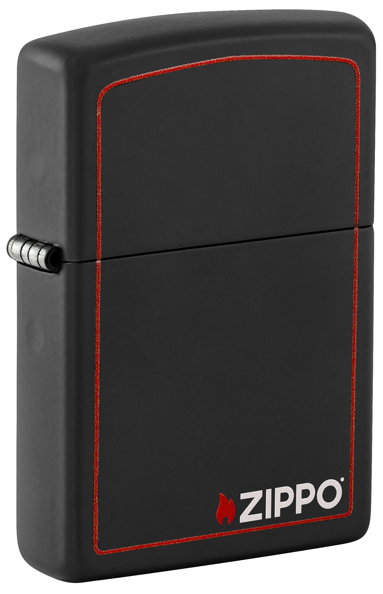 Front shot of Classic Zippo Logo with Red Border Black Matte Windproof Lighter standing at a 3/4 angle.