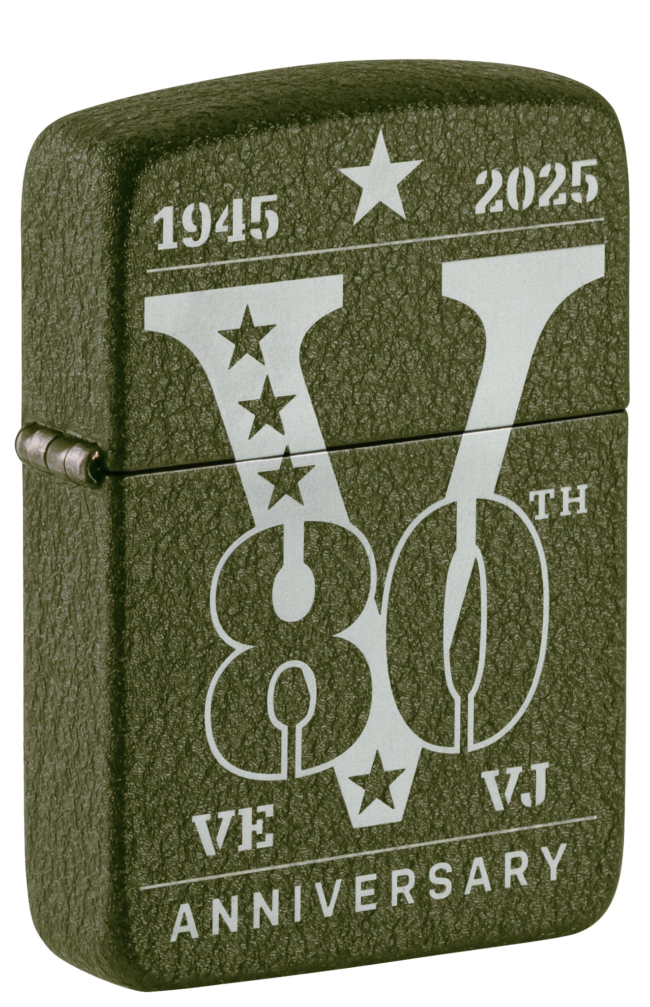 Front shot of Zippo VE/VJ 80th Anniversary Collectible Steel Lighter standing at a 3/4 angle.