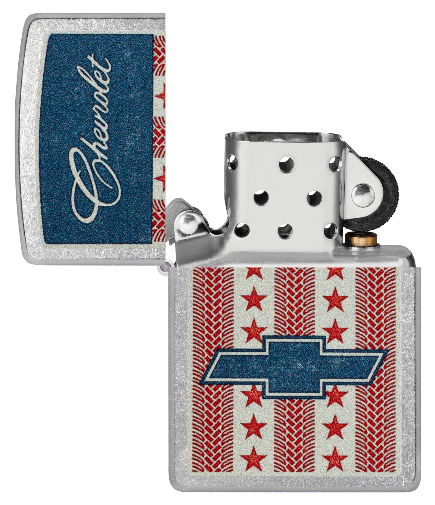 Zippo Chevrolet® Stars and Stripes Design Street Chrome Windproof Lighter with its lid open and unlit.