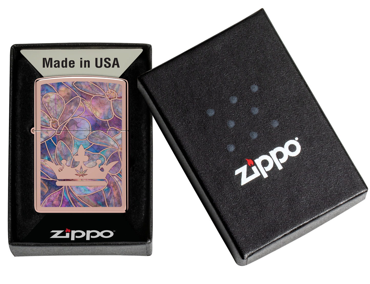 Zippo Queen of Bud Opal Crown Design High Polish Rose Gold Windproof Lighter in its packaging.