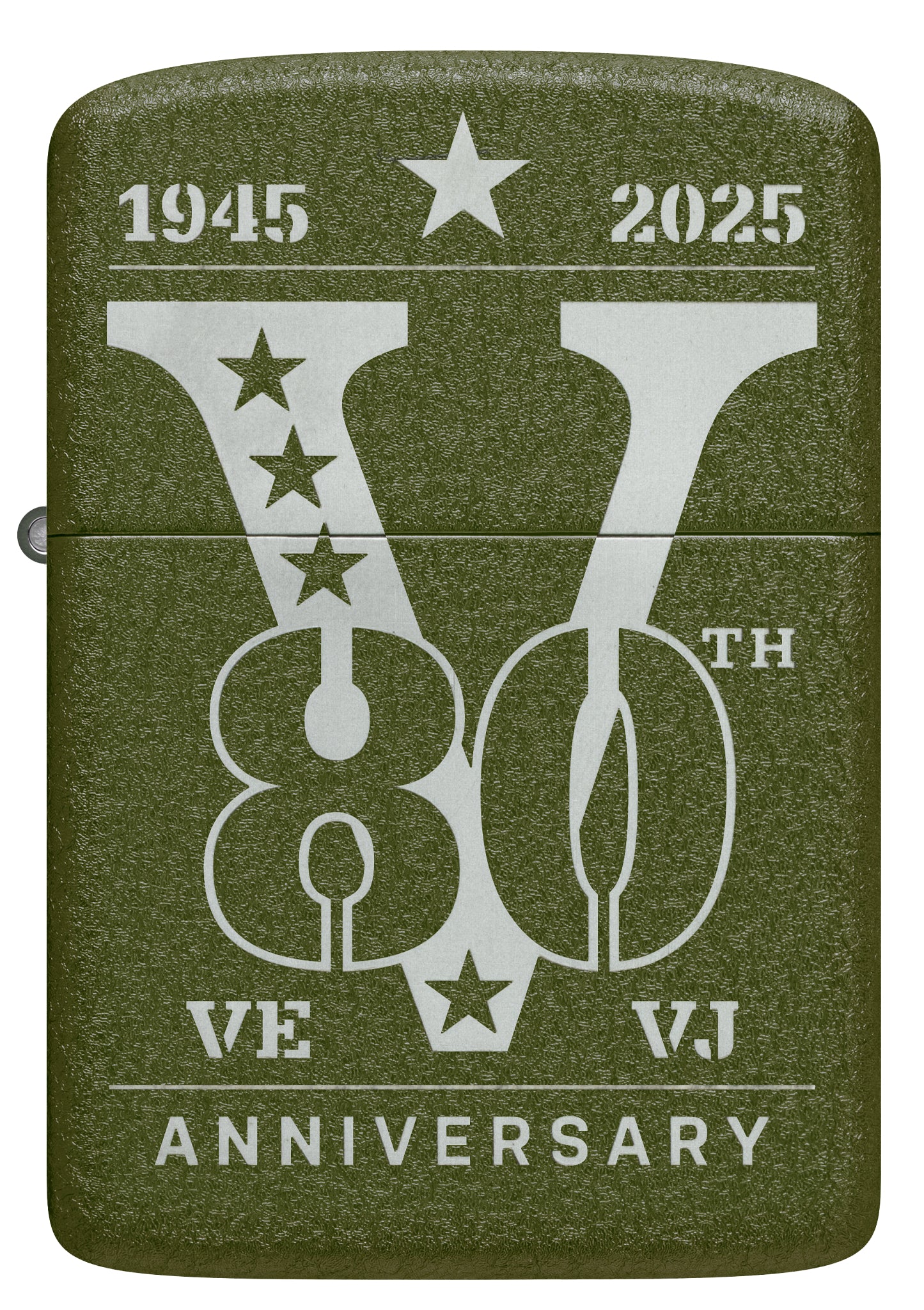 Front view of Zippo VE/VJ 80th Anniversary Collectible Steel Lighter.