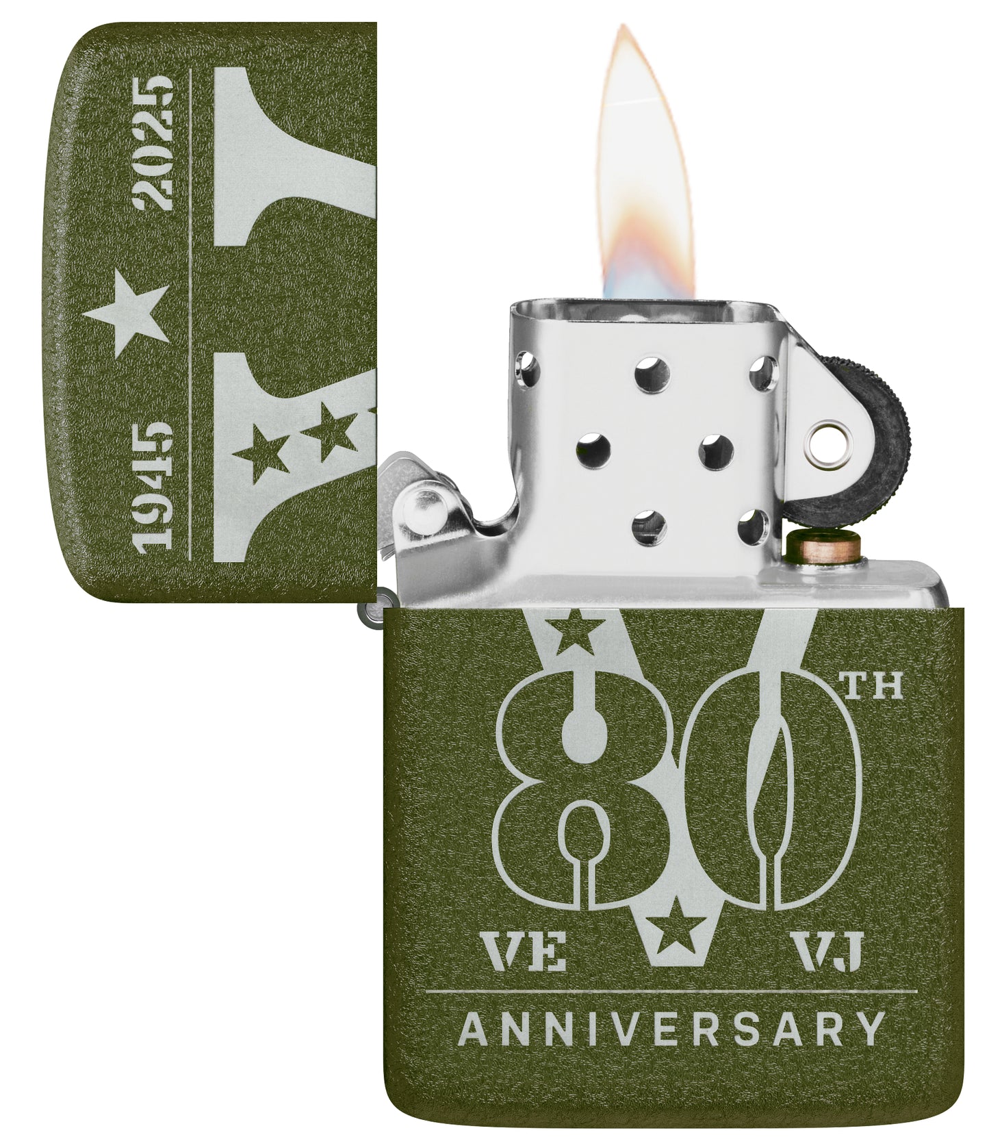 Zippo VE/VJ 80th Anniversary Collectible Steel Lighter with its lid open and lit.