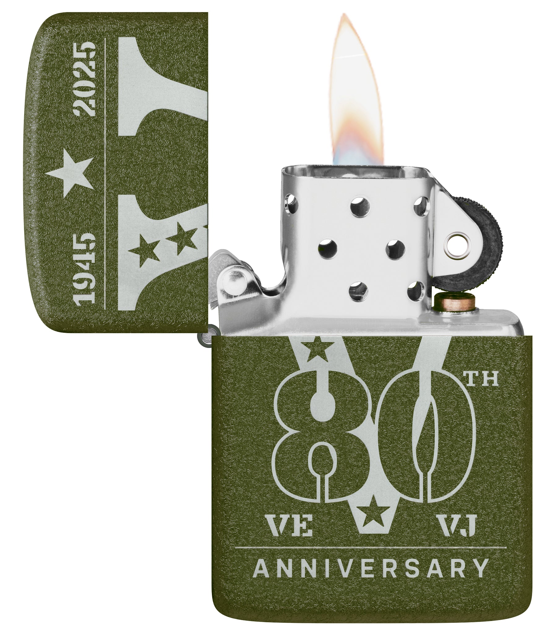 Zippo VE/VJ 80th Anniversary Collectible Steel Lighter with its lid open and lit.
