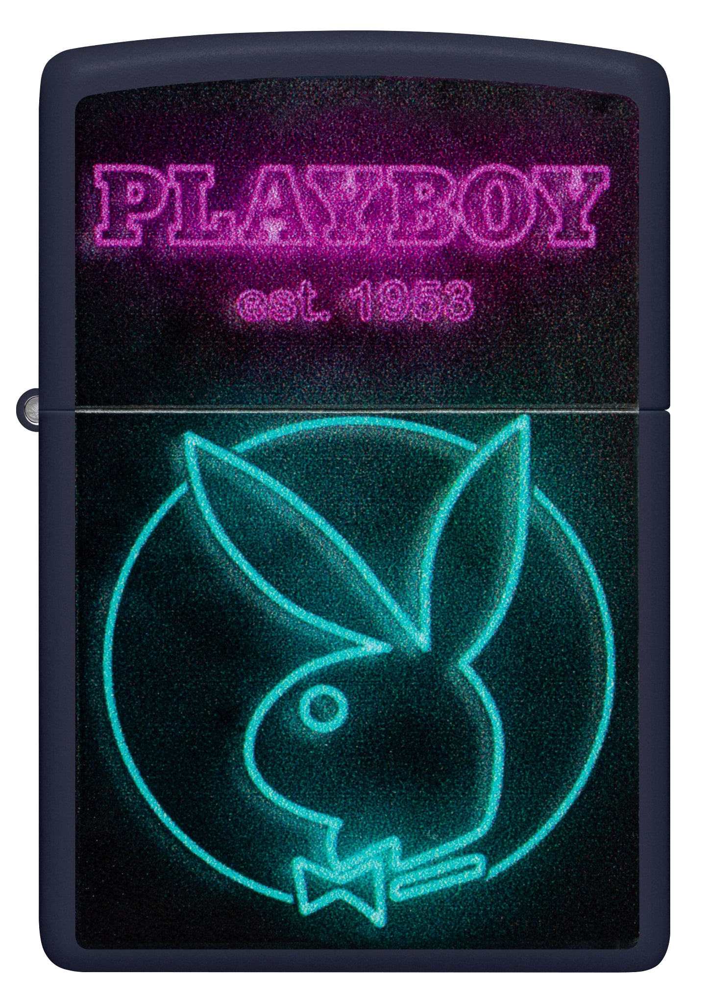 Front view of Zippo Playboy Neon Design Navy Matte Windproof Lighter.