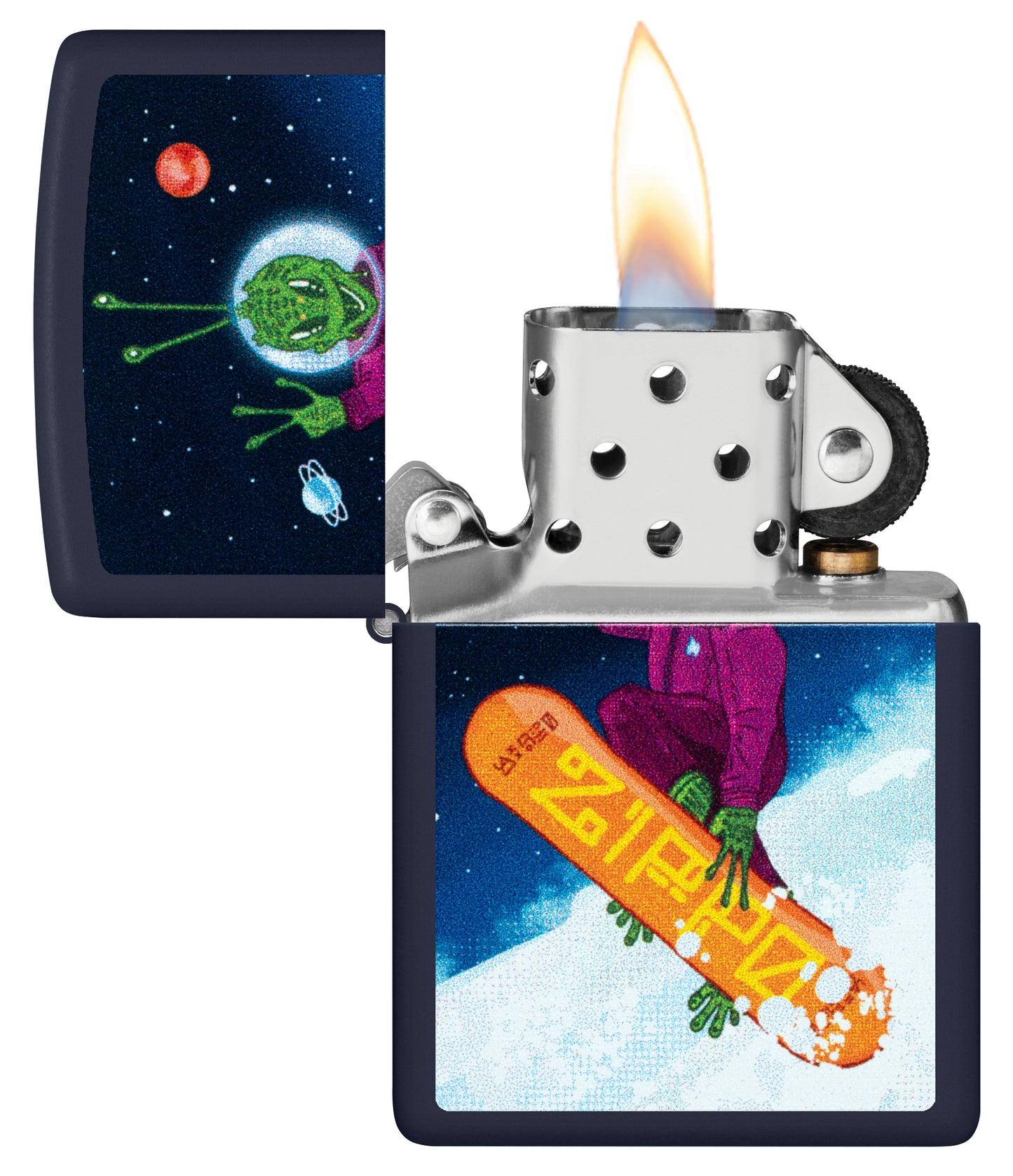 Zippo Space Shredder Design Navy Matte Windproof Lighter with its lid open and lit.
