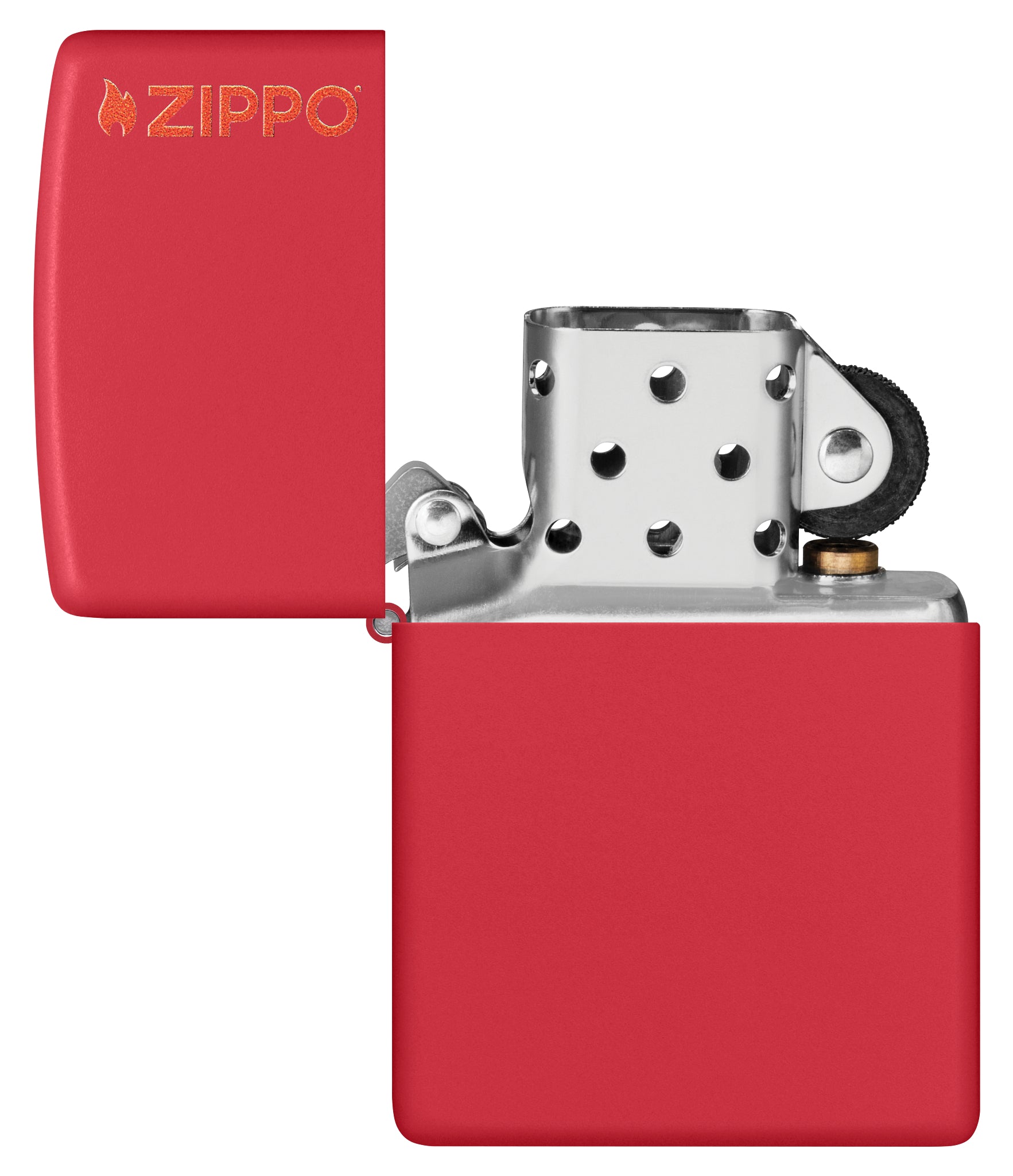 Classic Red Matte Zippo Logo with its lid open and unlit.