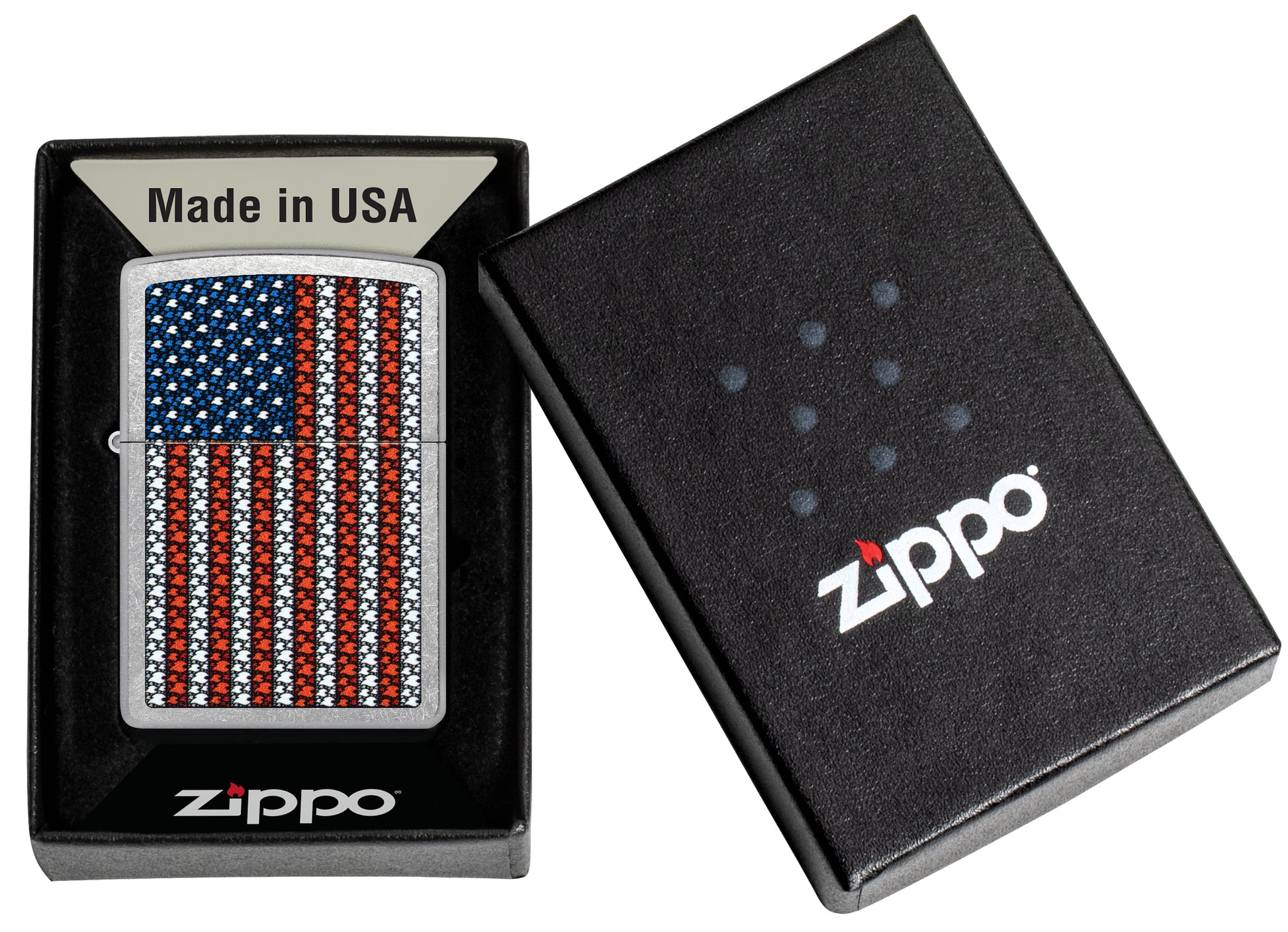 Zippo Flame Spangled Banner Design Street Chrome Windproof Lighter in its packaging.
