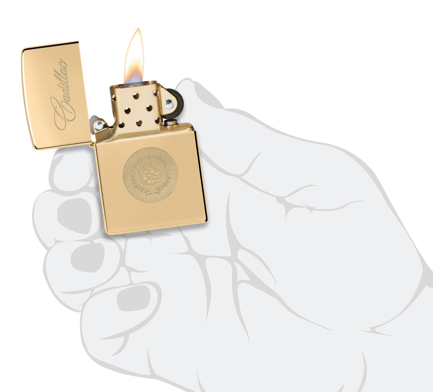 Zippo Cadillac® Crest High Polish Brass Windproof Lighter lit in hand.