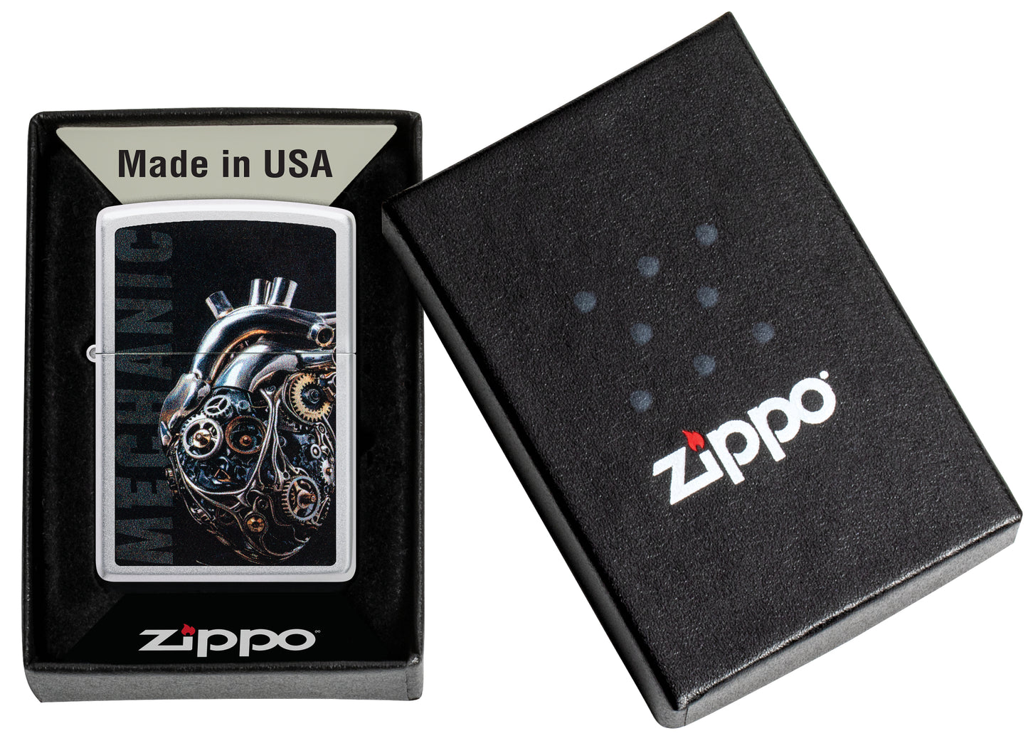 Zippo  Mechanical Heart Design Satin Chrome Windproof Lighter in its packaging.