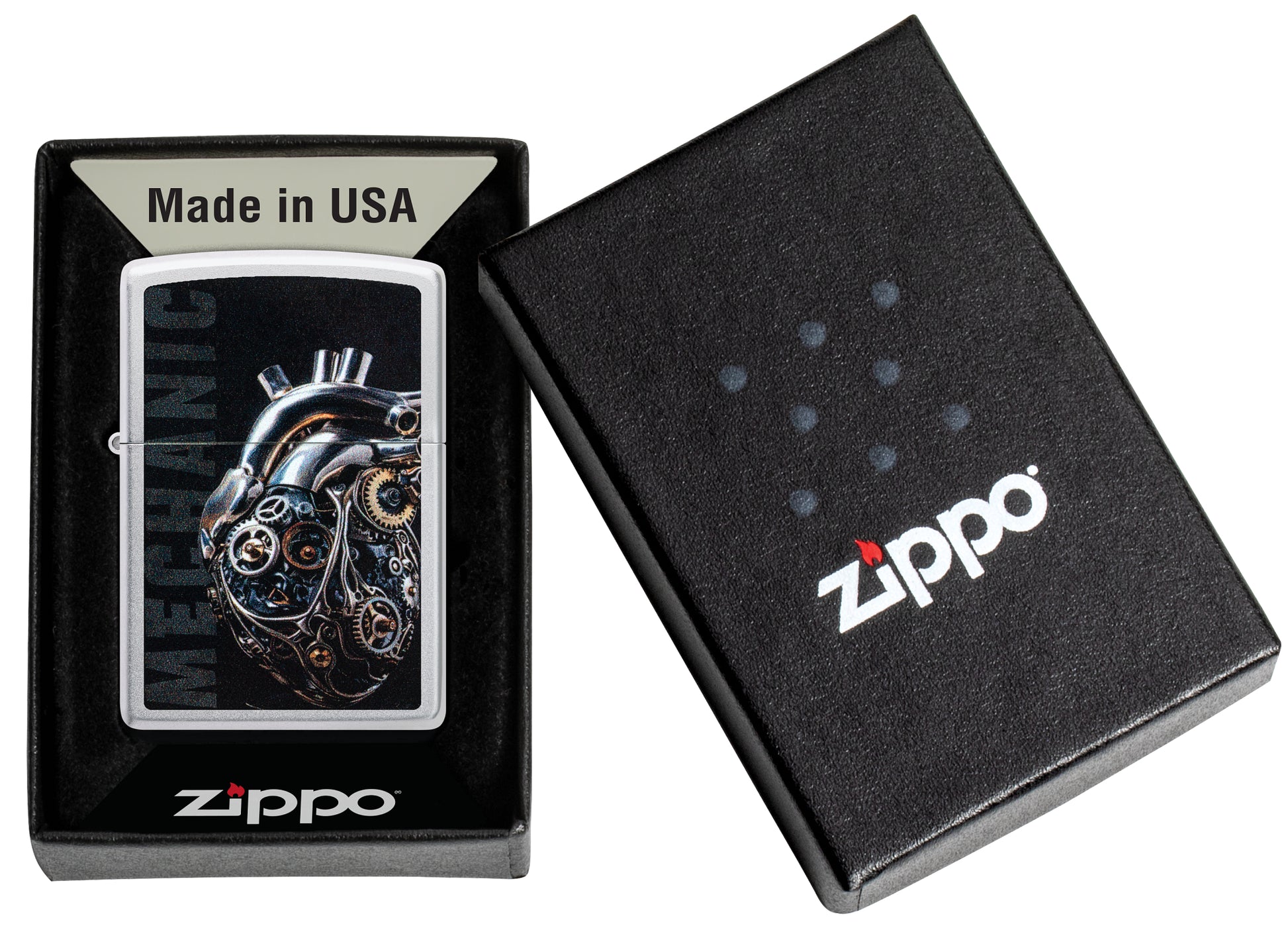 Zippo  Mechanical Heart Design Satin Chrome Windproof Lighter in its packaging.