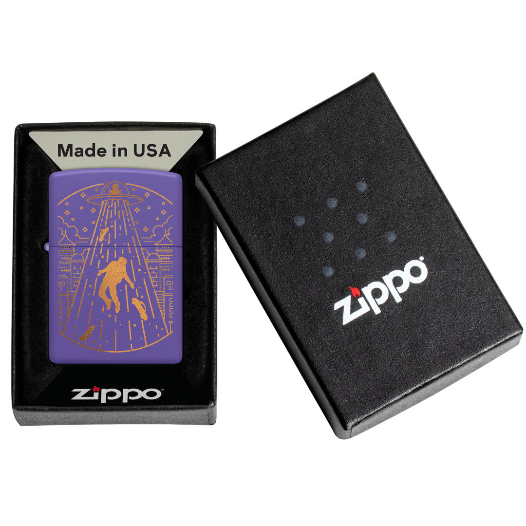 Zippo Beam Me Up Design Purple Matte Windproof Lighter in its packaging.