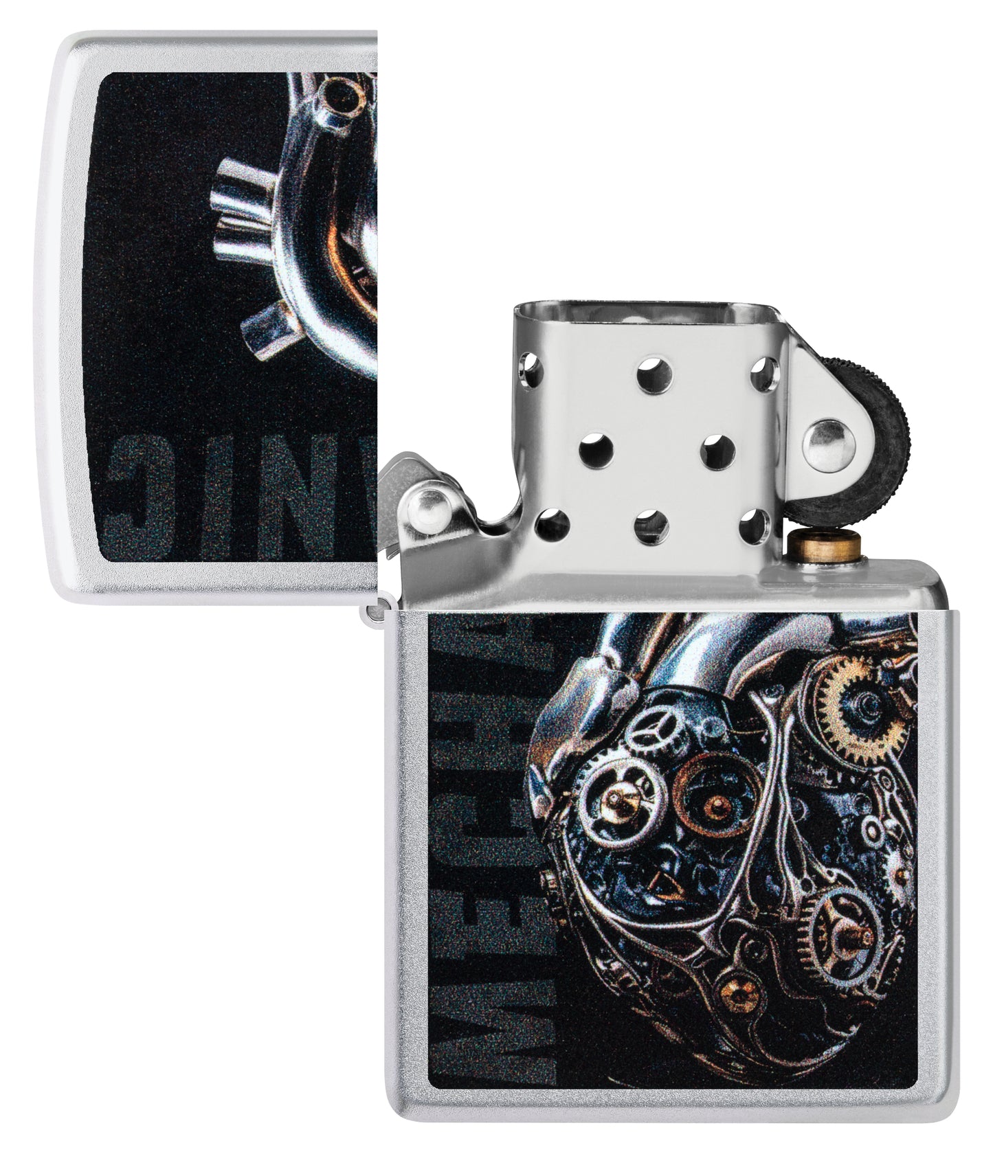 Zippo  Mechanical Heart Design Satin Chrome Windproof Lighter with its lid open and unlit.