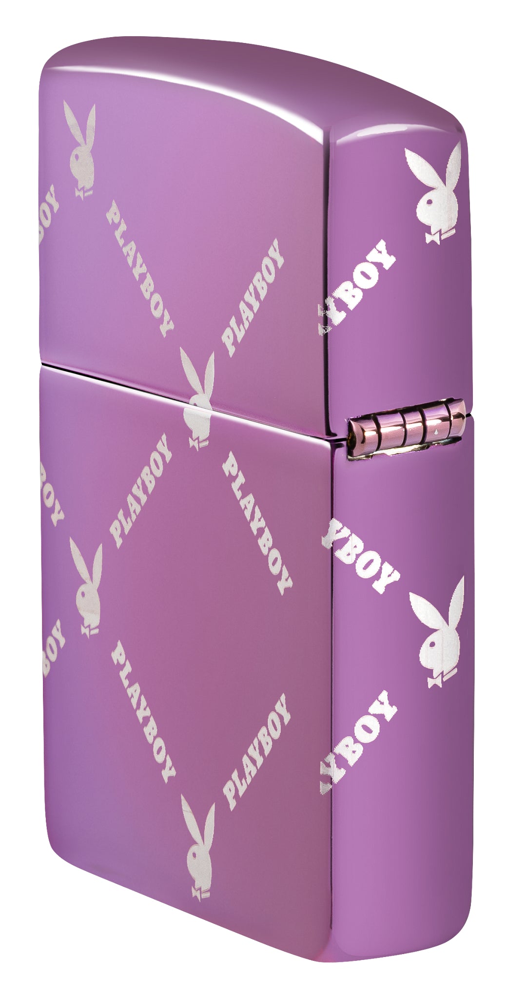 Angled shot of Zippo Playboy Argyle Design High Polish Purple Windproof Lighter showing the back and hinge sides of the lighter.