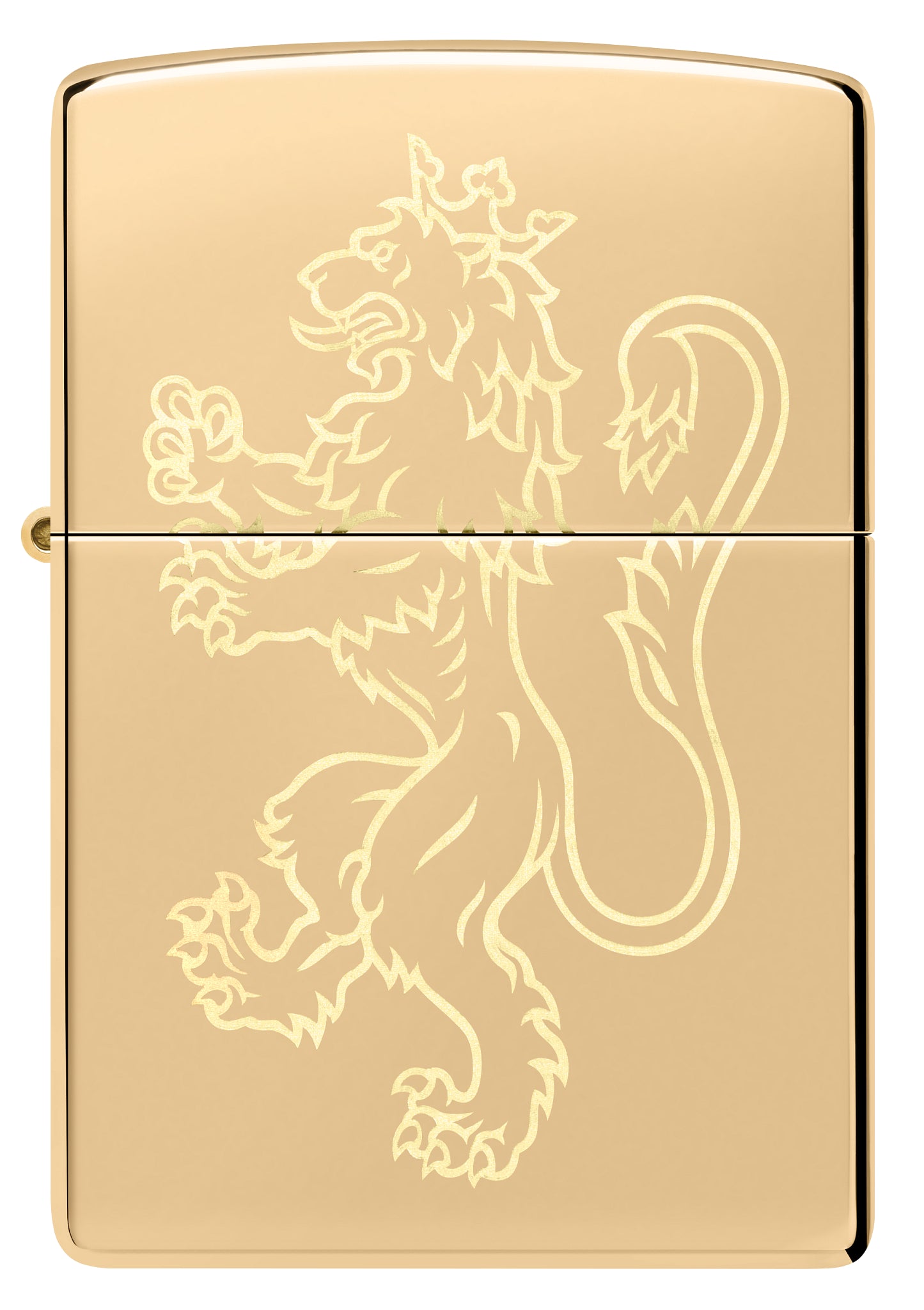 Front view of Zippo Fighting Lion Design High Polish Brass Windproof Lighter.