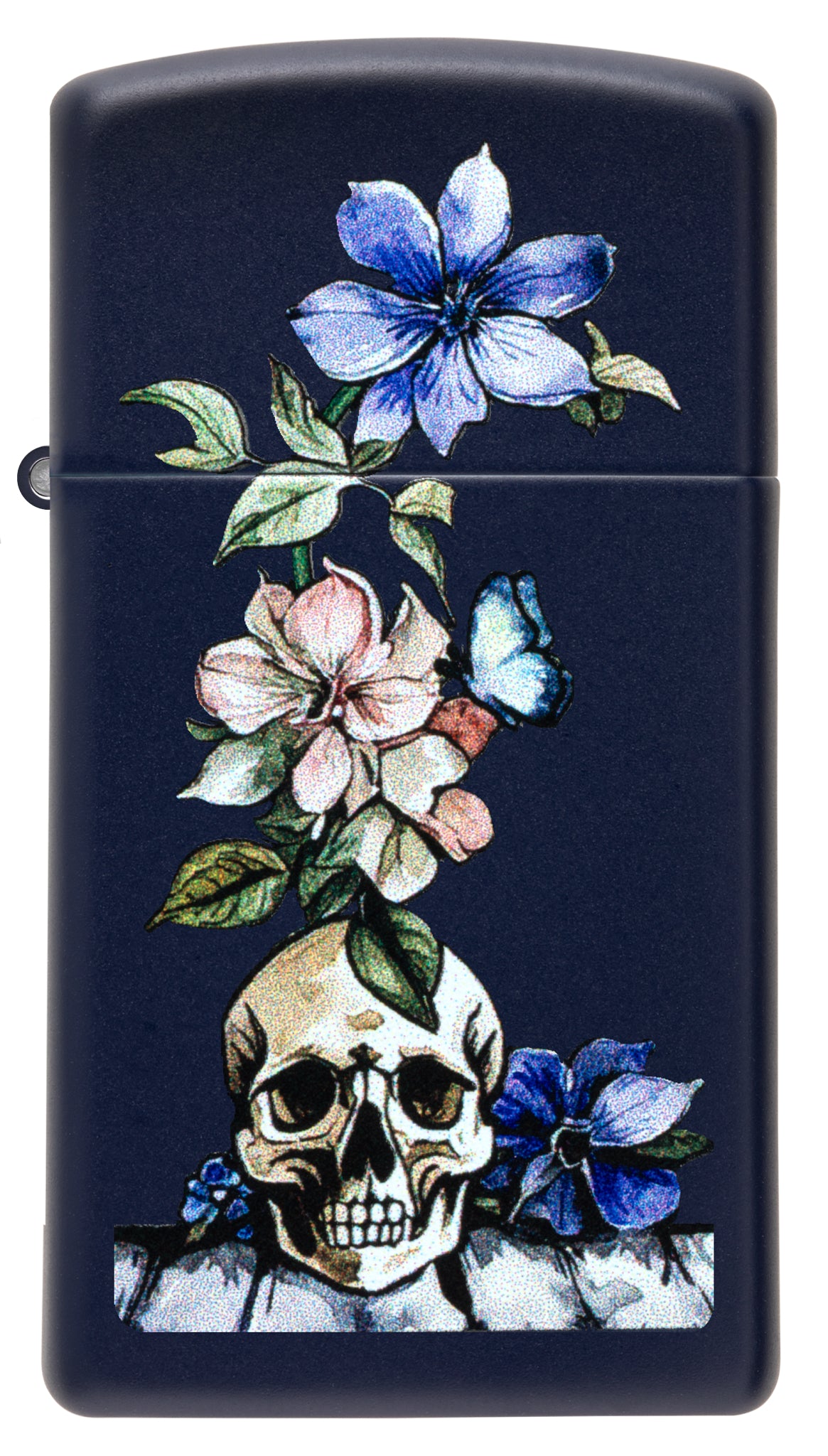 Front view of Zippo Bone Bouquet Design Slim Navy Matte Windproof Lighter.