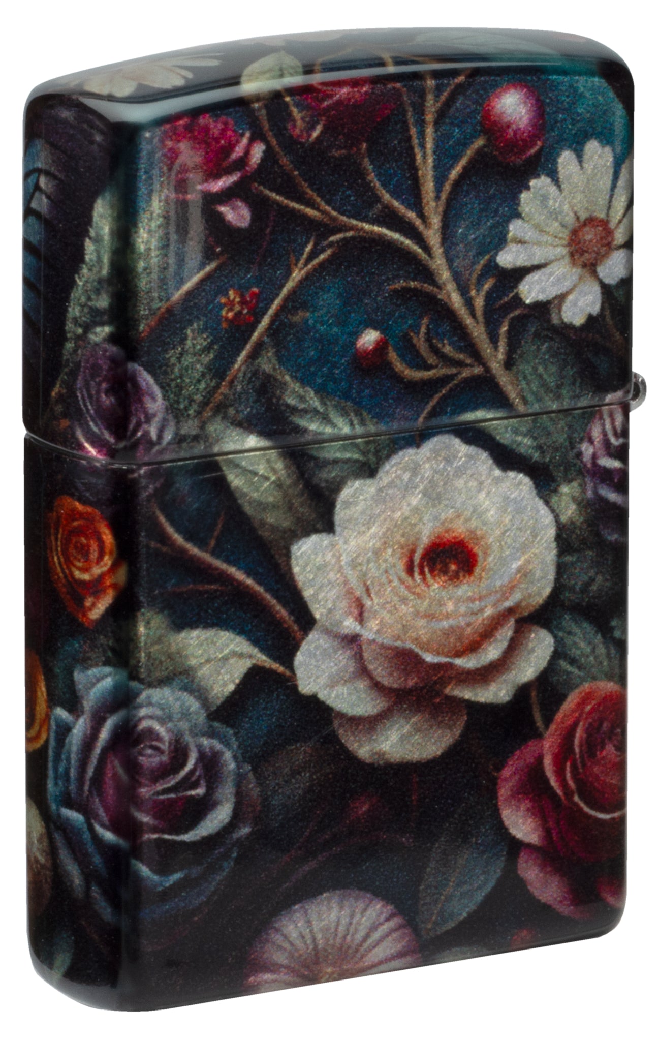 Back view of Zippo Butterfly Skull Design 540 Tumbled Chrome Windproof Lighter  standing at a 3/4 angle.