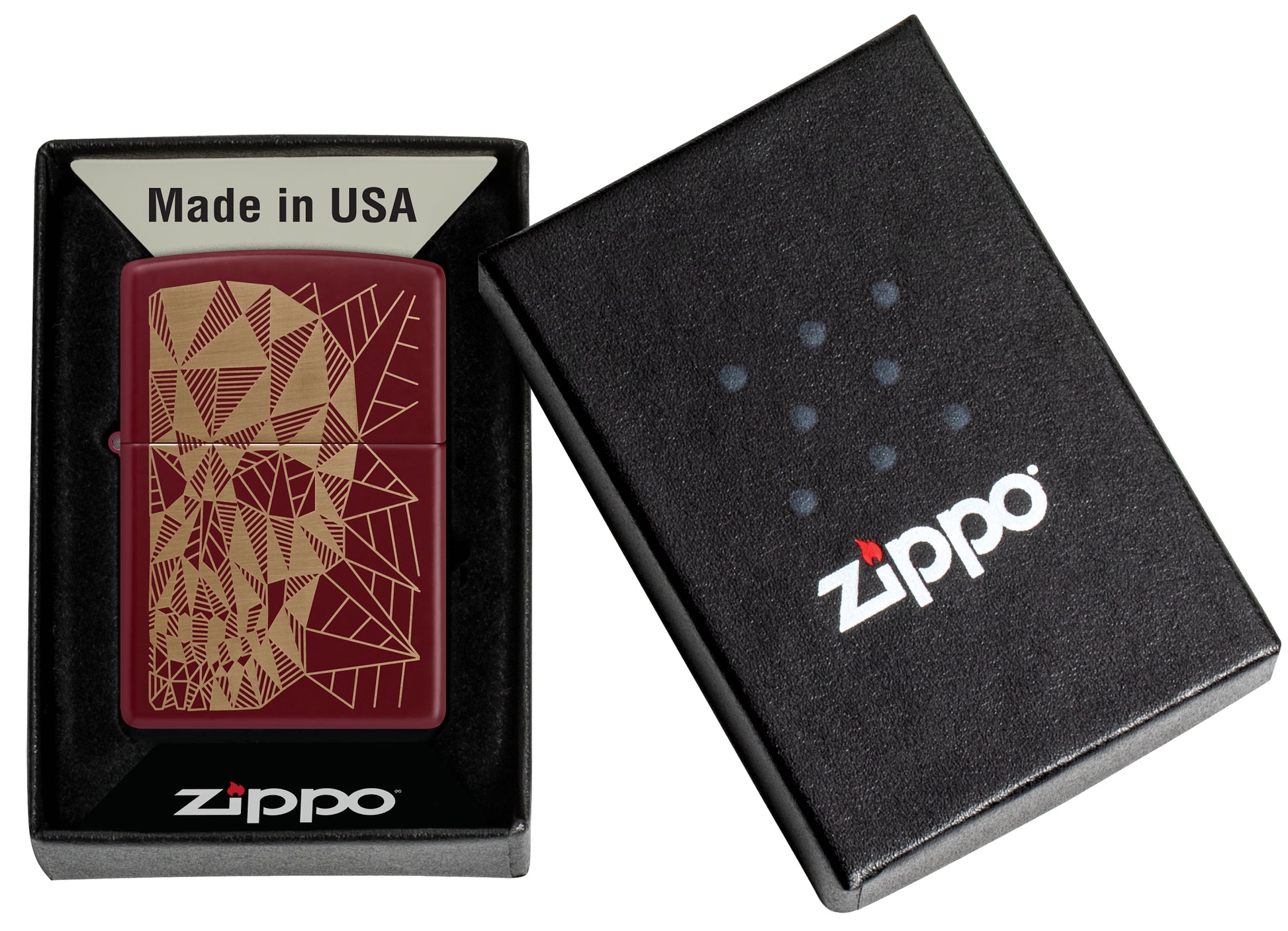 Zippo Geometric Skull Design Merlot Windproof Lighter  in its packaging.