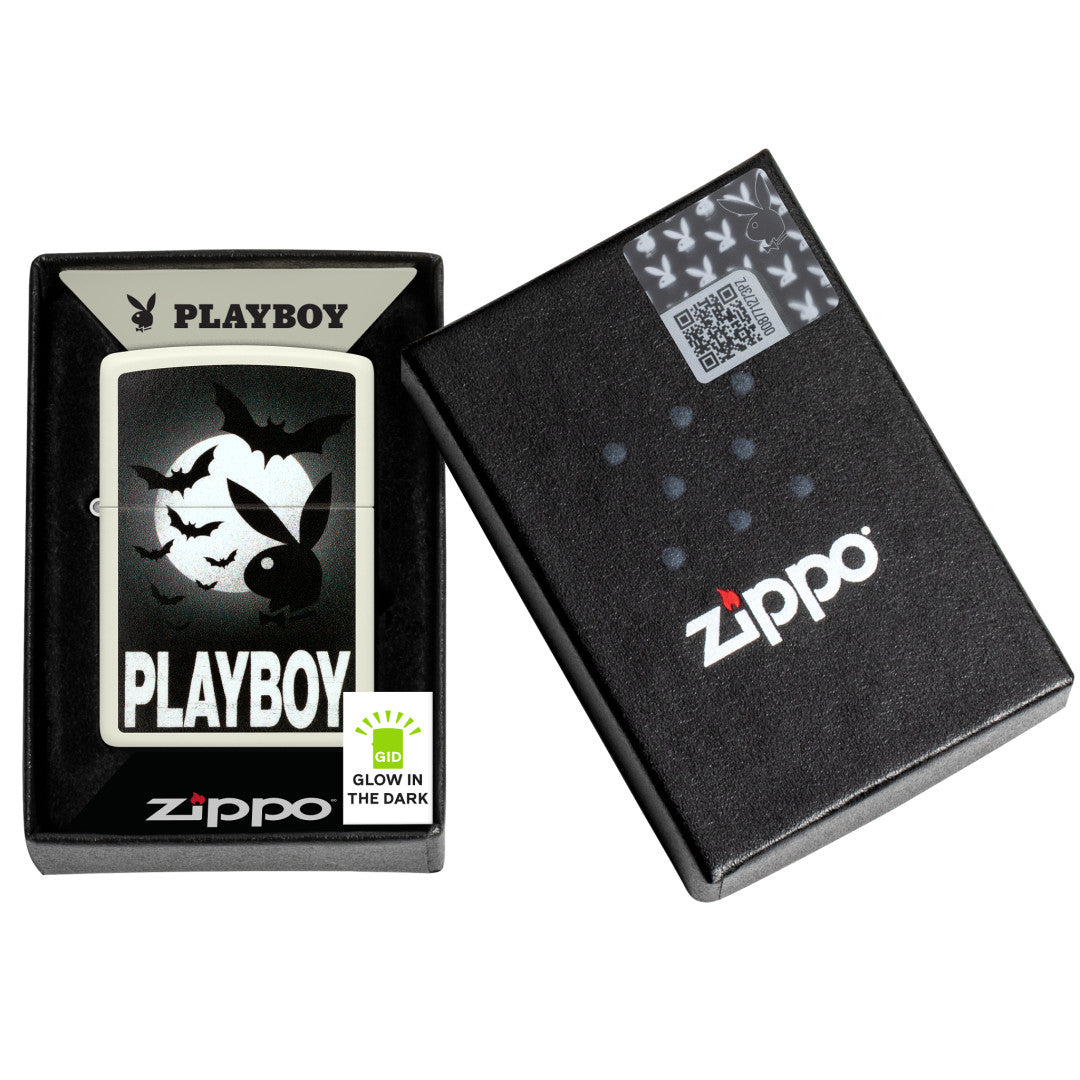 Zippo Playboy Glowing Bats Design Glow In The Dark Windproof Lighter in its packaging.