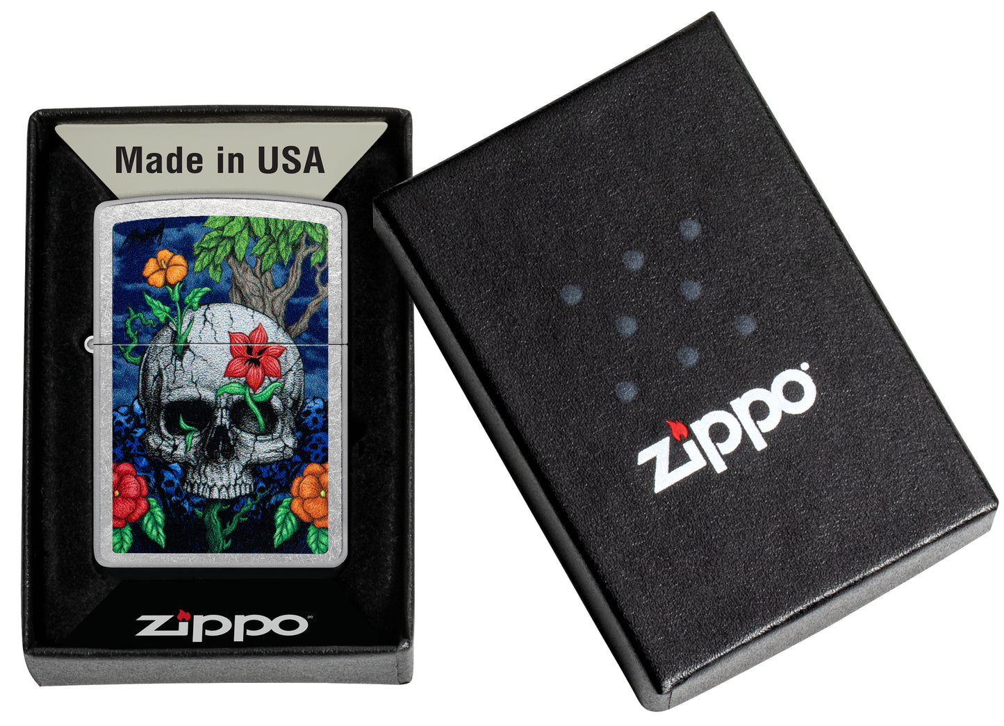 Zippo Skull Sprout Design Street Chrome Windproof Lighter in its packaging.