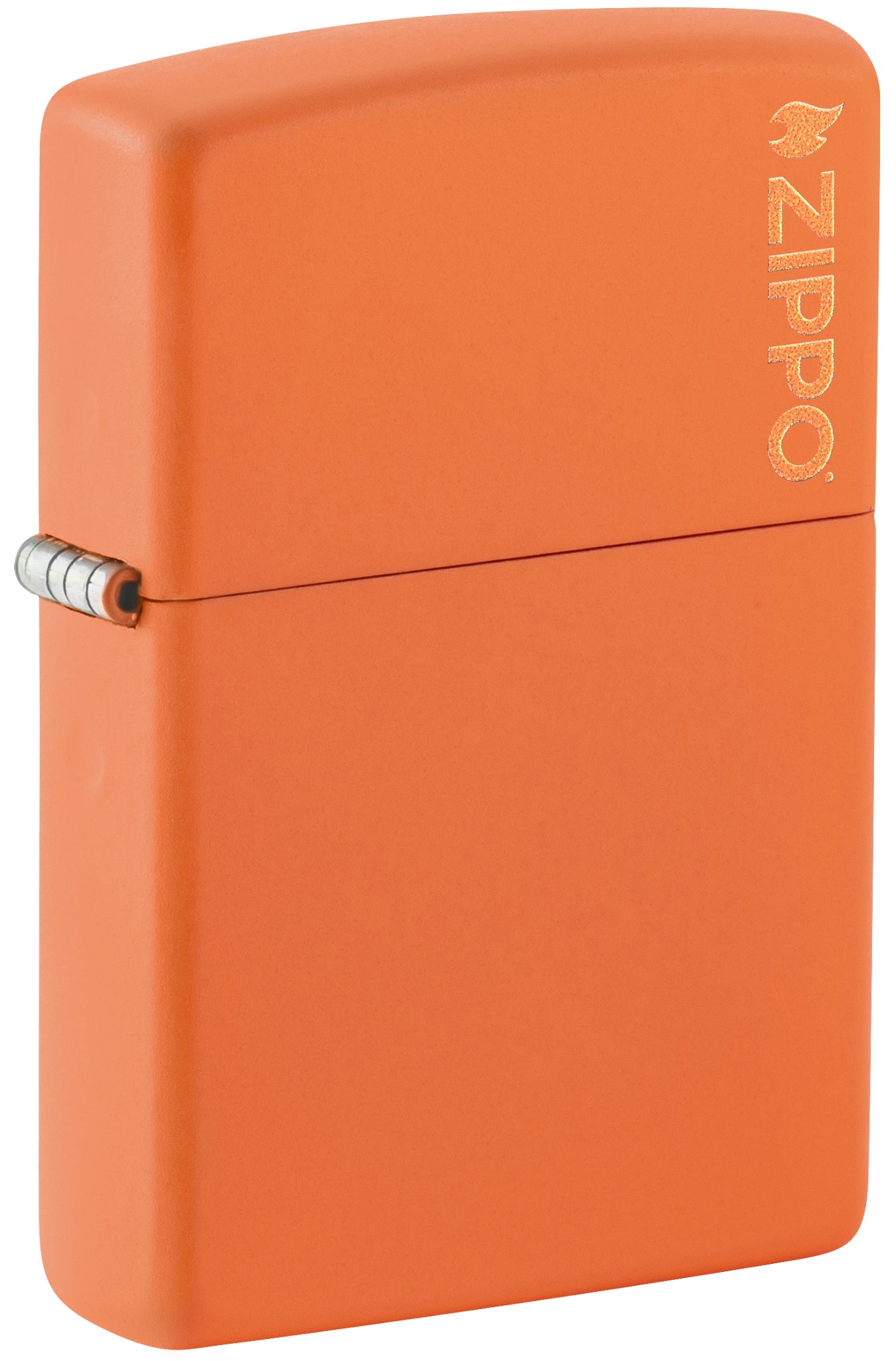 Front shot of Classic Orange Matte Zippo Logo Windproof Lighter standing at a 3/4 angle.