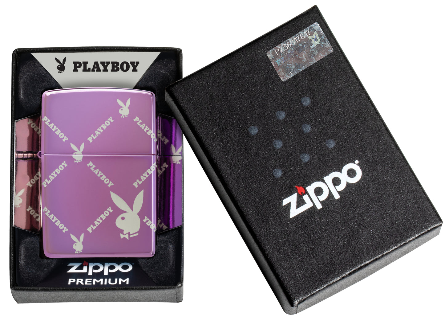 Zippo Playboy Argyle Design High Polish Purple Windproof Lighter in its packaging.