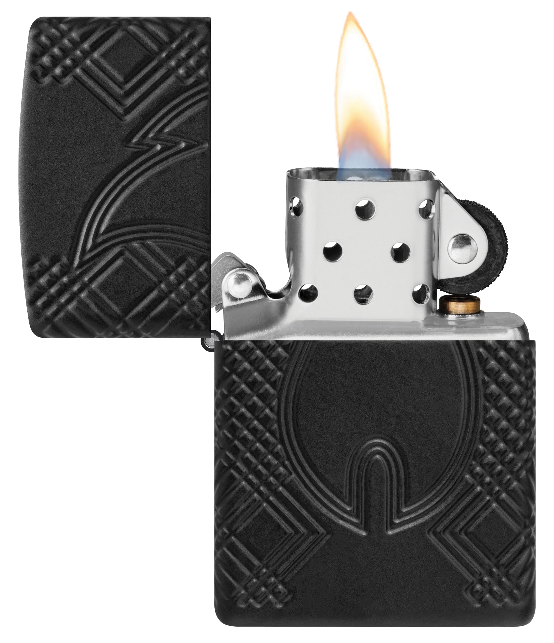 Zippo Rivet Flame Armor® Black Matte Windproof Lighter with its lid open and lit.